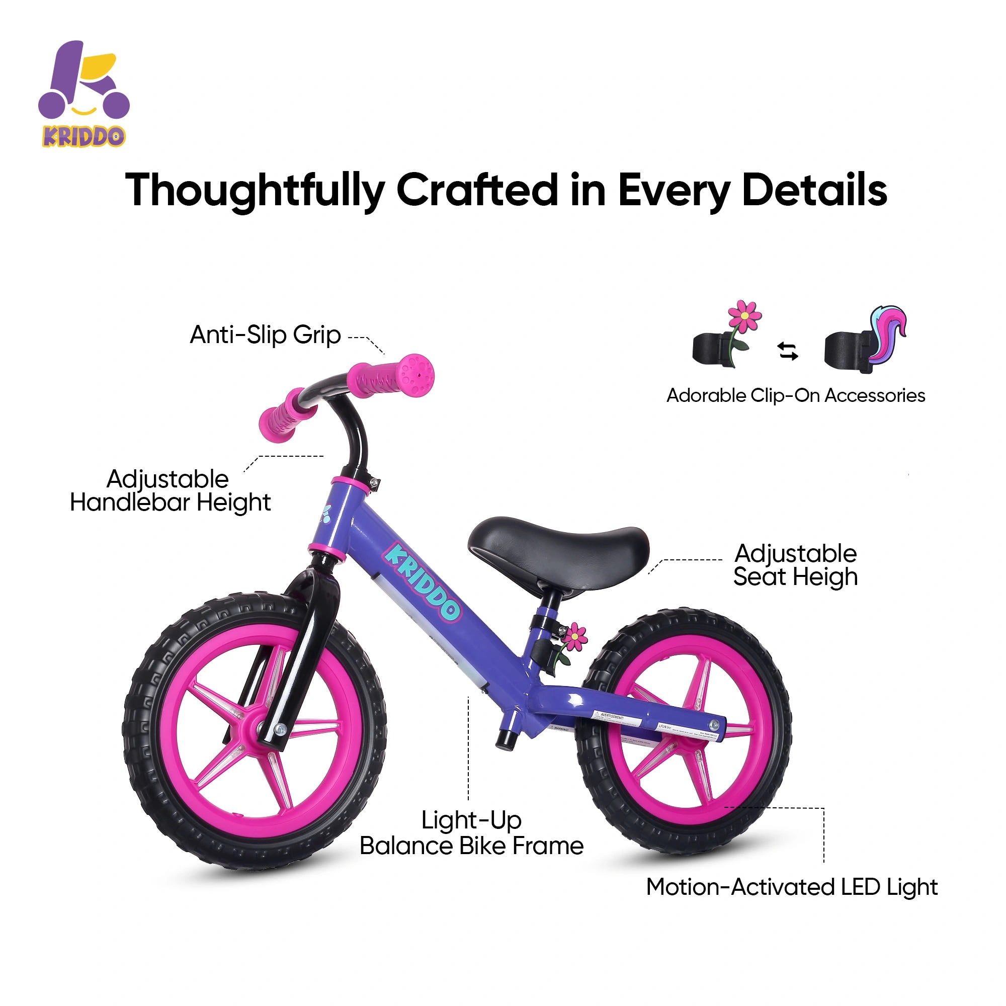 Kriddo light up balance bike with features 