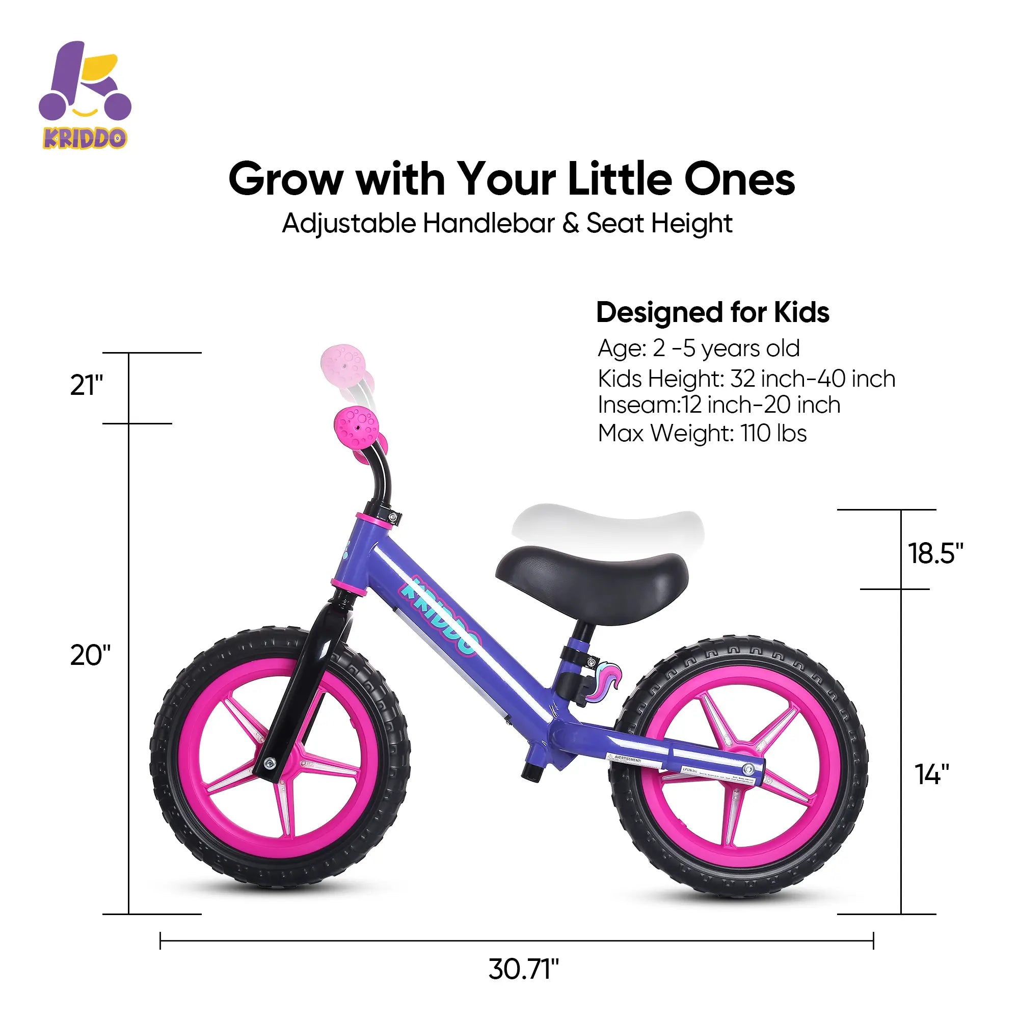 KRIDDO Children's balance bike with adjustable handlebar and seat height