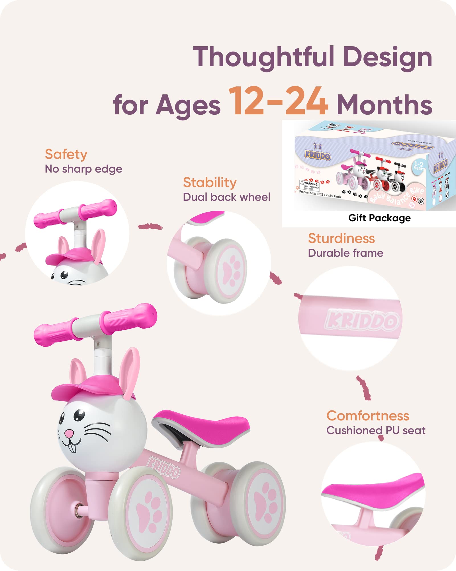 KRIDDO Baby Balance Bike for 1-2 Year Old Boy and Girl, Toddler Mini Bike for One Year Old First Birthday Gifts Baby Toys 12 Months to 2 Year Old Ride-on Toys Gifts Indoor Outdoor Balance Bike, Rabbit