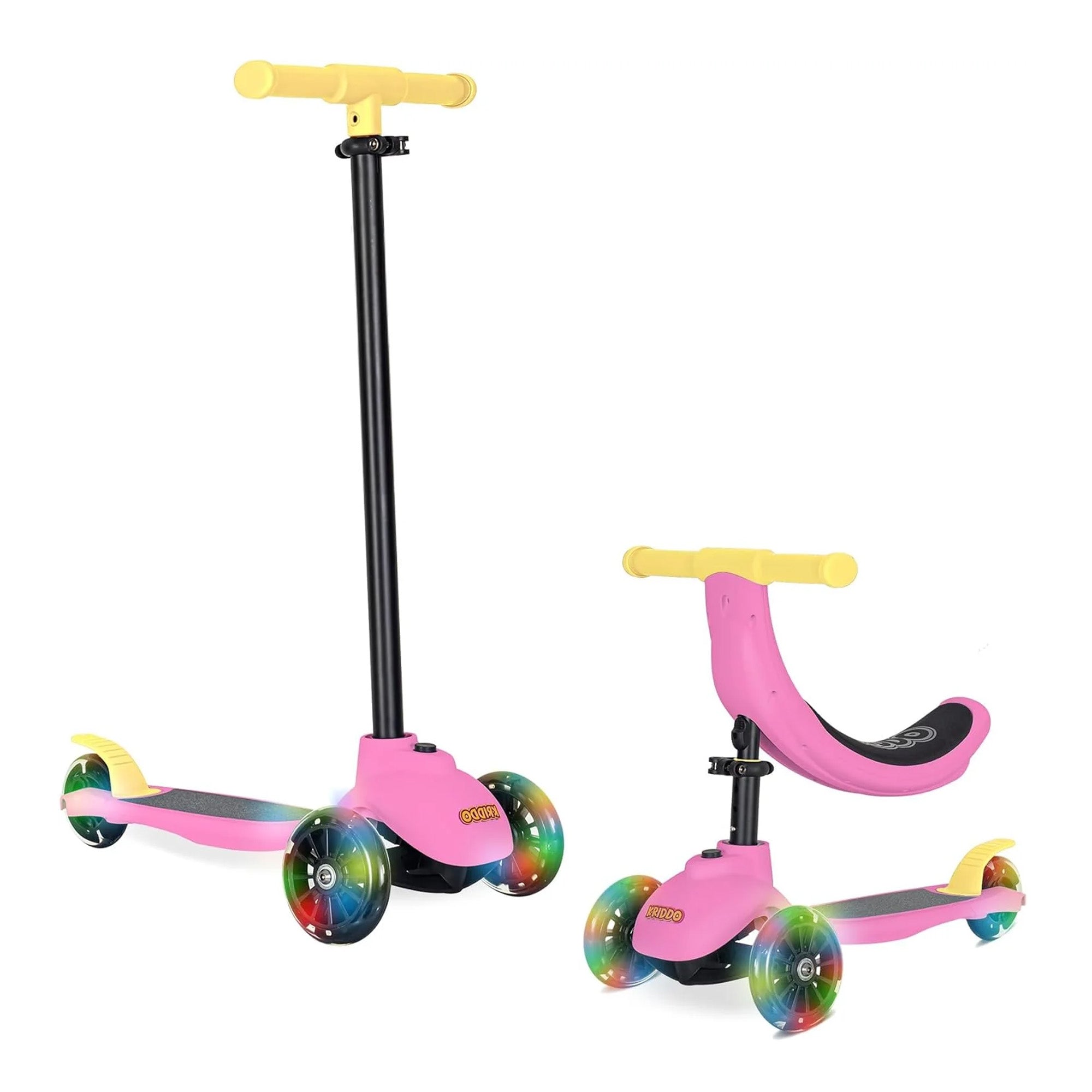 KRIDDO Kids Scooters with Removable Seat for 1 to 5 Years Old Pink 3-in-1