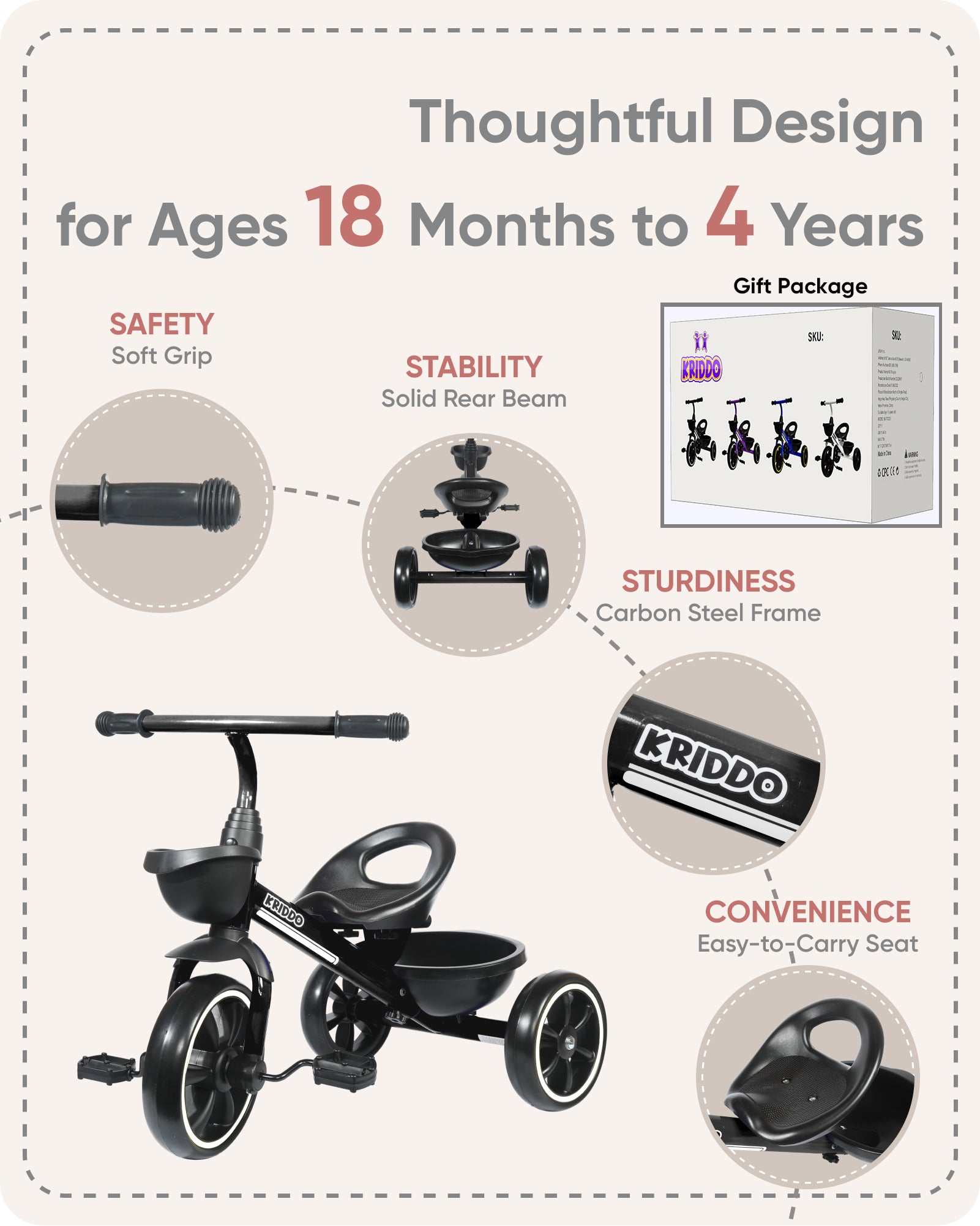KRIDDO Kids Tricycles for 2- 5 Years, Gift Toddler Tricycles for 2-5 Year Olds, Easy Assembly, Black