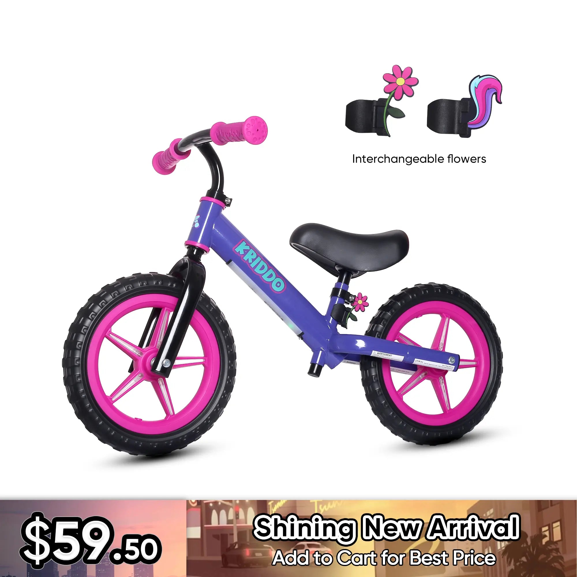 KRIDDO Toddler Light Up Balance Bike With Cute Accessories For 2-5 Years Old Purple