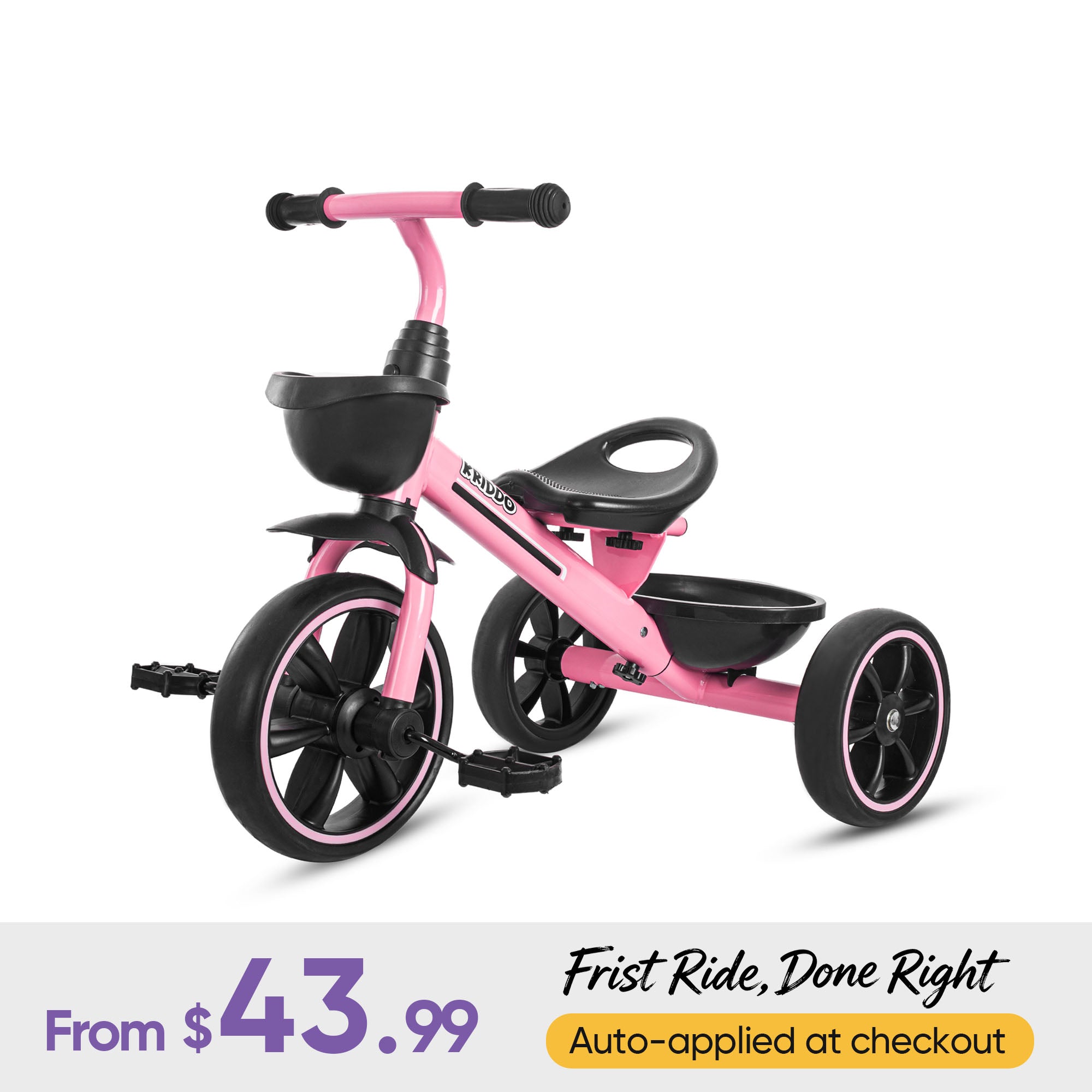 KRIDDO Kids Tricycle Easy-Assembly for 2 to 5 Years Old Pink