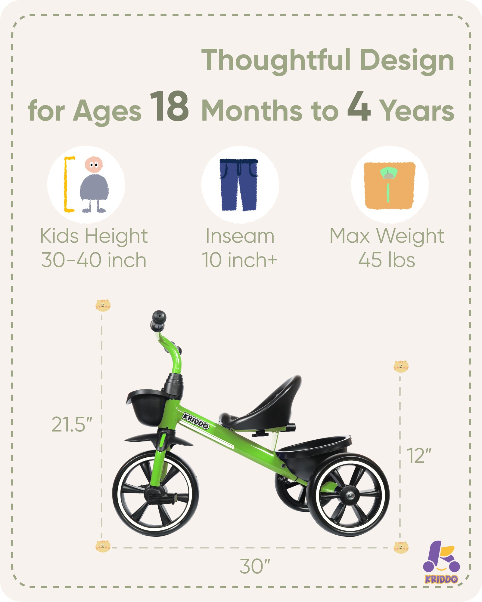KRIDDO Kids Tricycles for 2-5 Years, Gift Toddler Tricycles for 2-5 Year Olds, Easy Assembly, Green