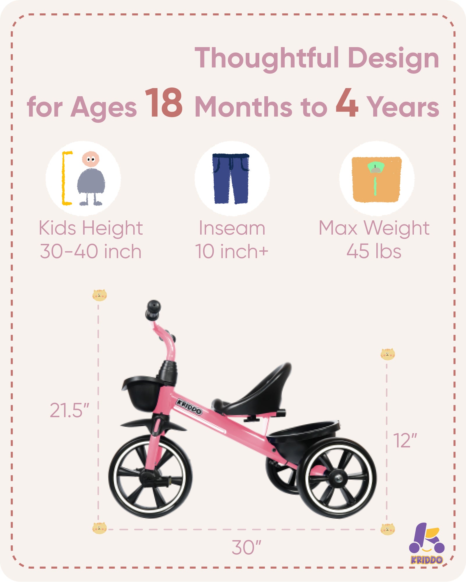 KRIDDO Kids Tricycle for 2 to 5 Years Old Pink