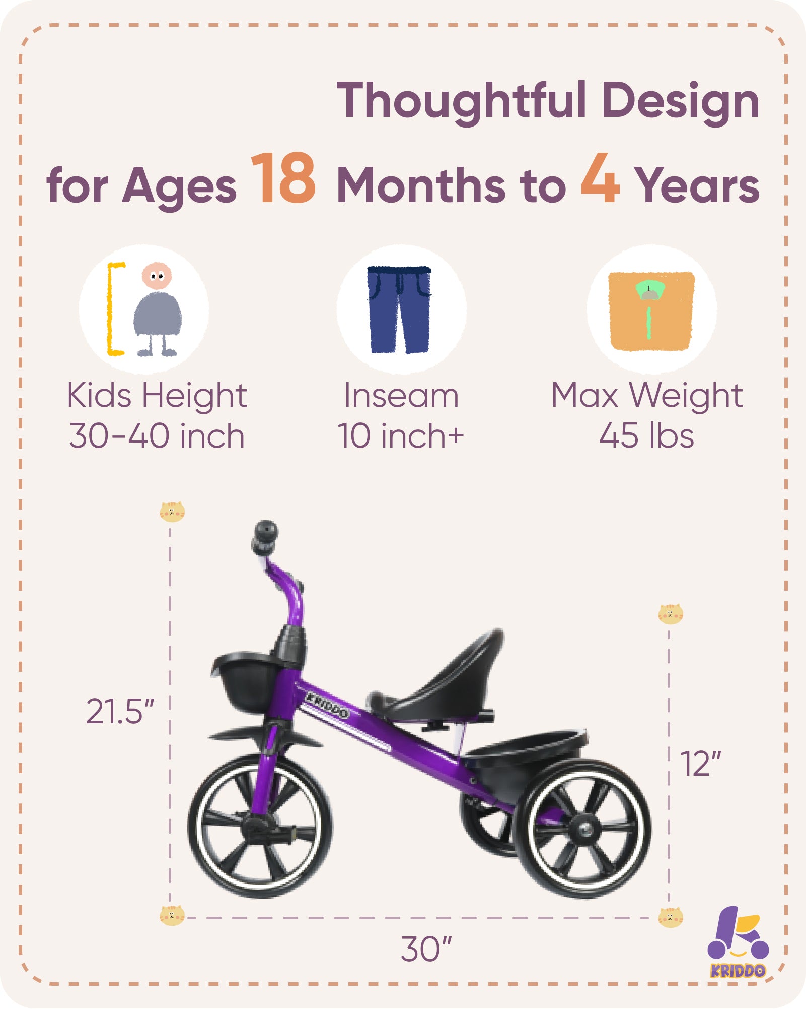 KRIDDO Kids Tricycles for 2- 5 Years, Gift Toddler Tricycles for 2-5 Year Olds, Easy Assembly, Purple