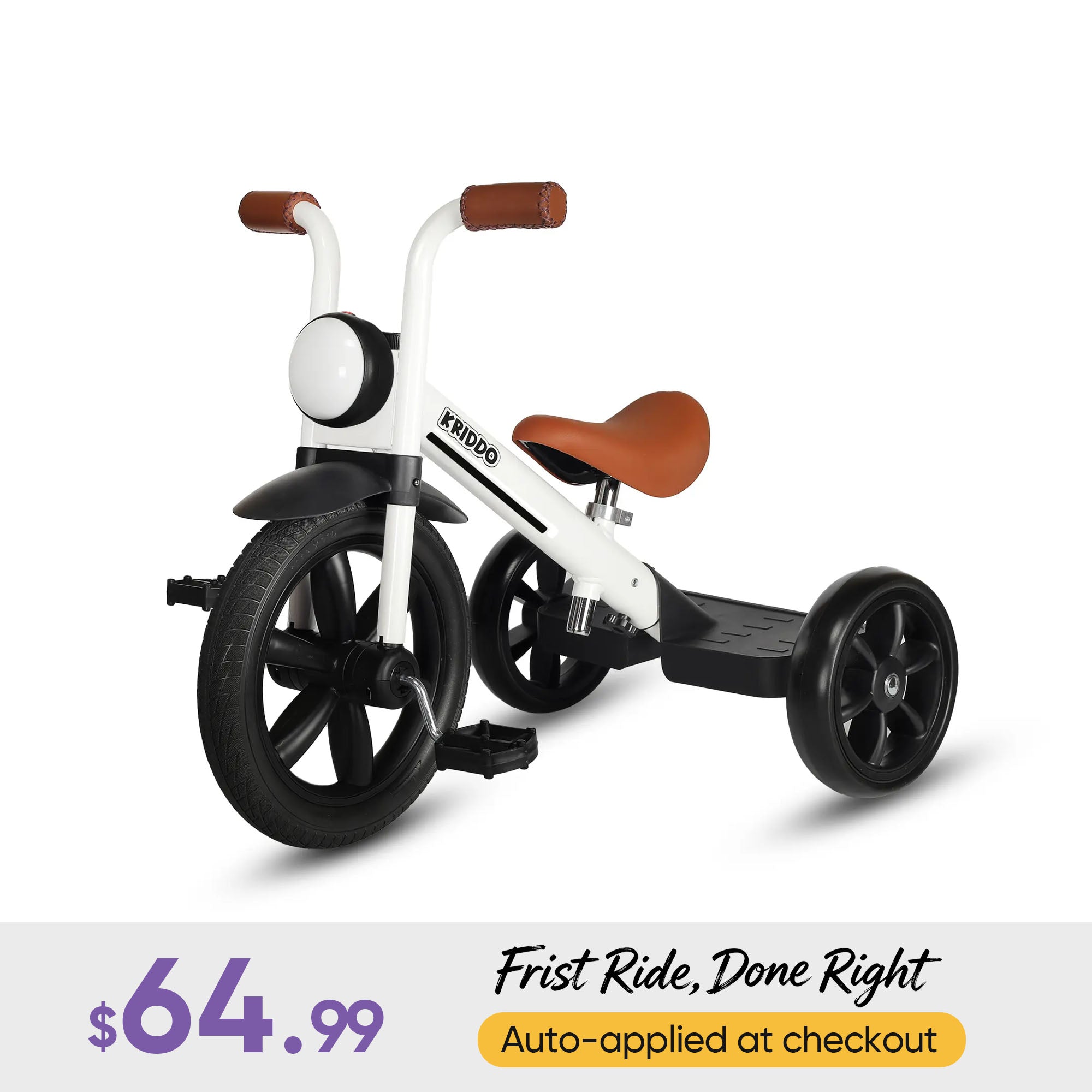 KRIDDO Kids Pedal Tricycle with Headlight for 2 to 5 Years Old