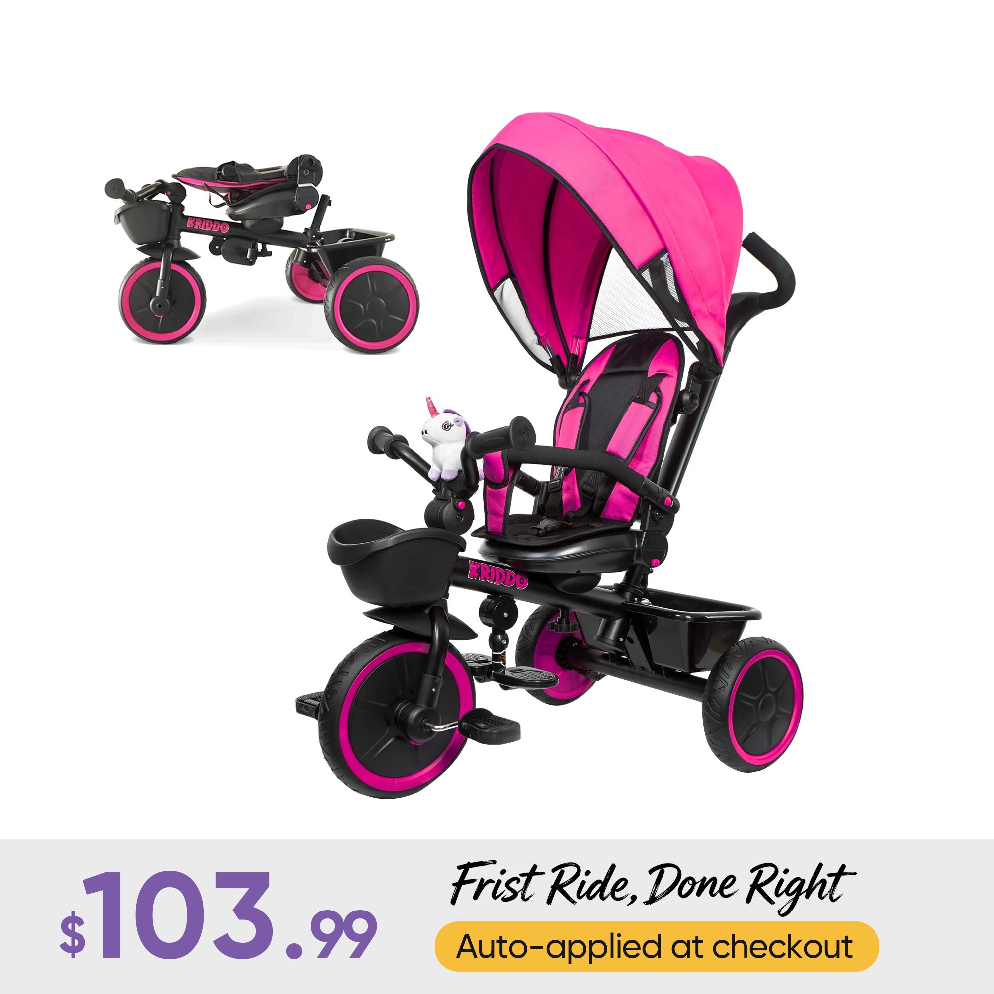 KRIDDO 7-in-1 Kids Tricycle Stroller with Push Handle for 18 Months to 5 Years Old Pink