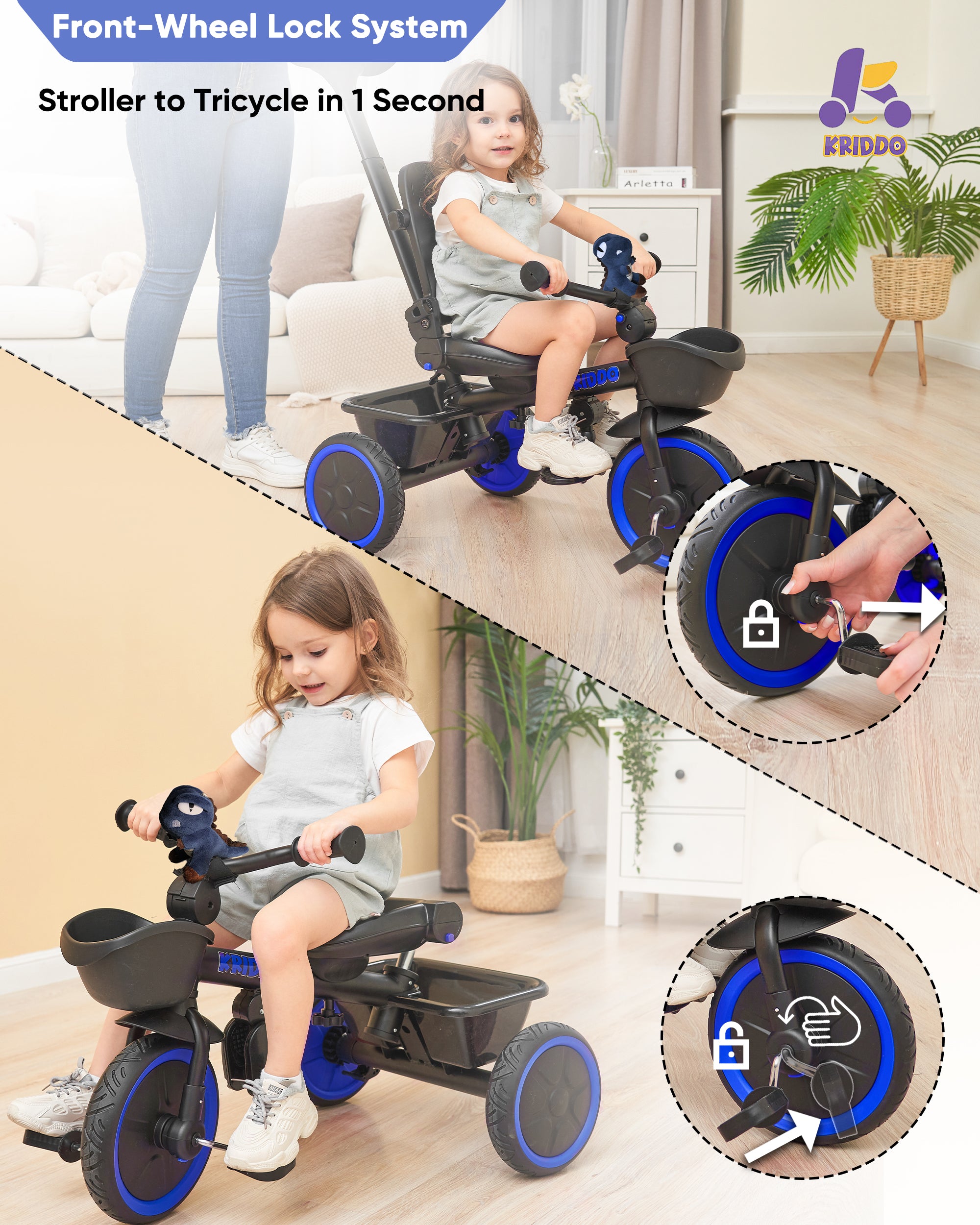 Kriddo Kids Tricycle with Adjustable Seat for 18 Months to 5 Years Old Blue  7-in-1 