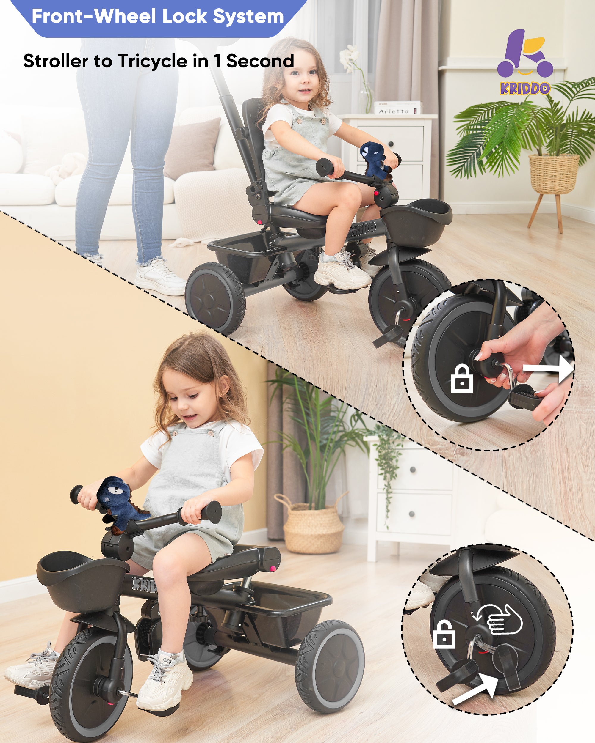 Kriddo Kids Tricycle with Adjustable Seat for 18 Months to 5 Years Old Grey 7-in-1