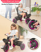 Kriddo Kids Tricycle with Adjustable Seat for 18 Months to 5 Years Old Pink 7-in-1