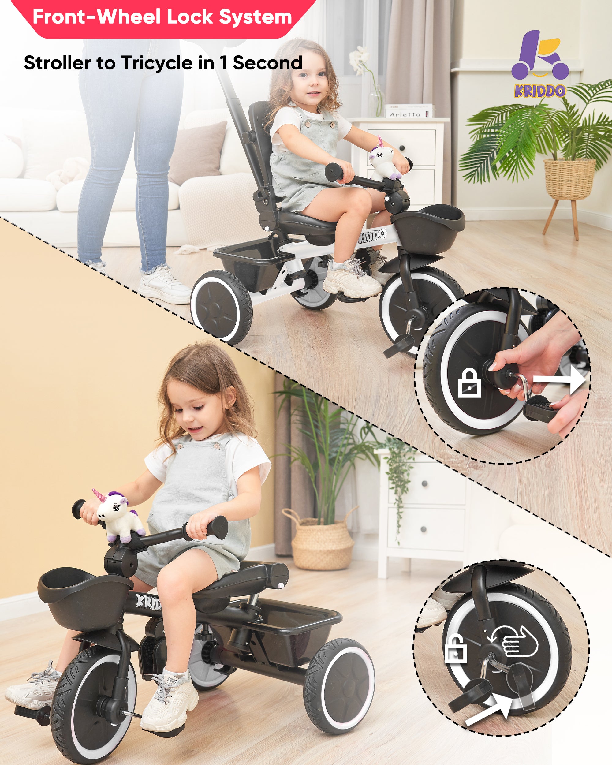 Kriddo Kids Tricycle with Adjustable Seat for 18 Months to 5 Years Old White 7-in-1