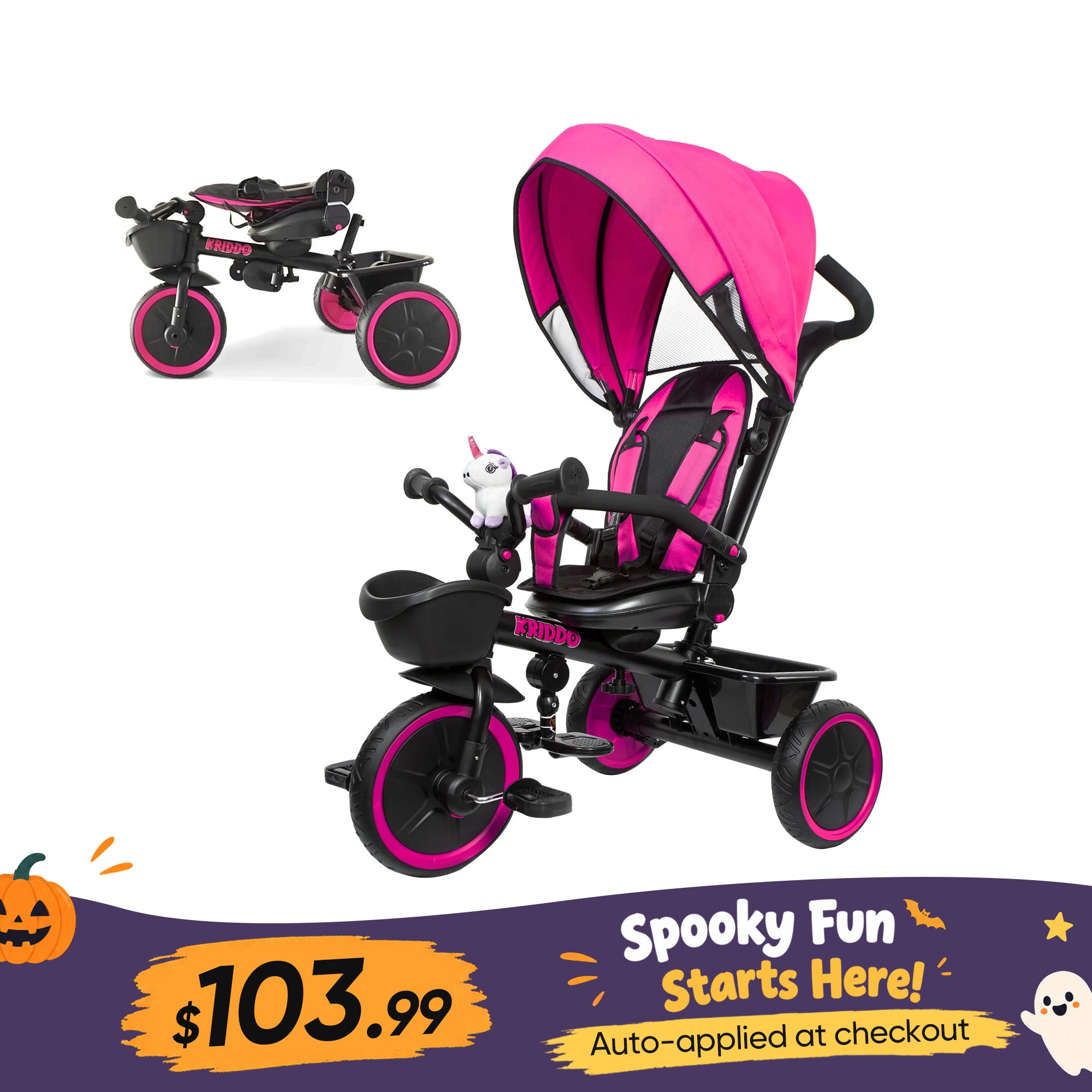 KRIDDO 7-in-1 Kids Tricycle Stroller with Push Handle for 18 Months to 5 Years Old 