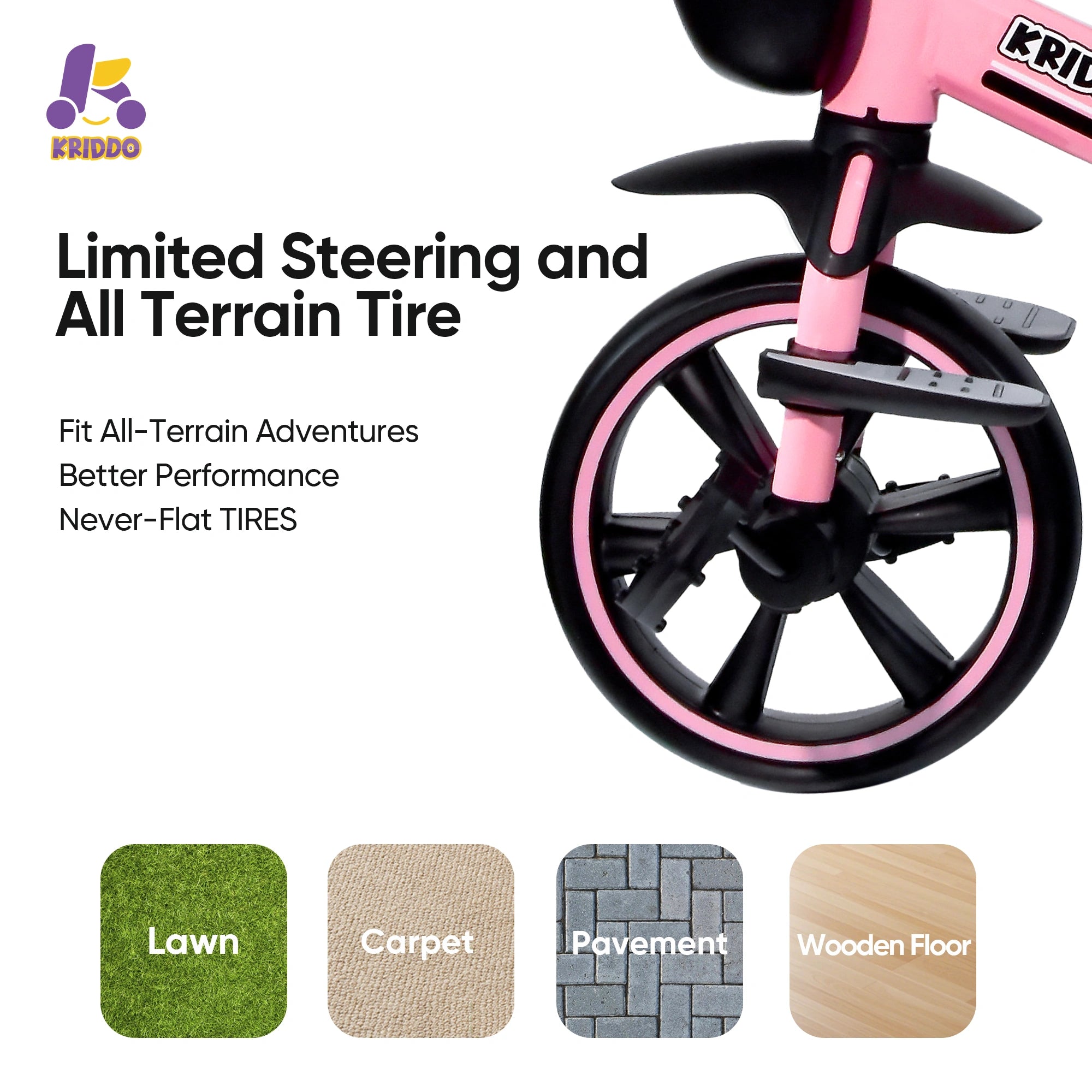 Pink children's 2 in 1 trike with limited steering and never-flat tires