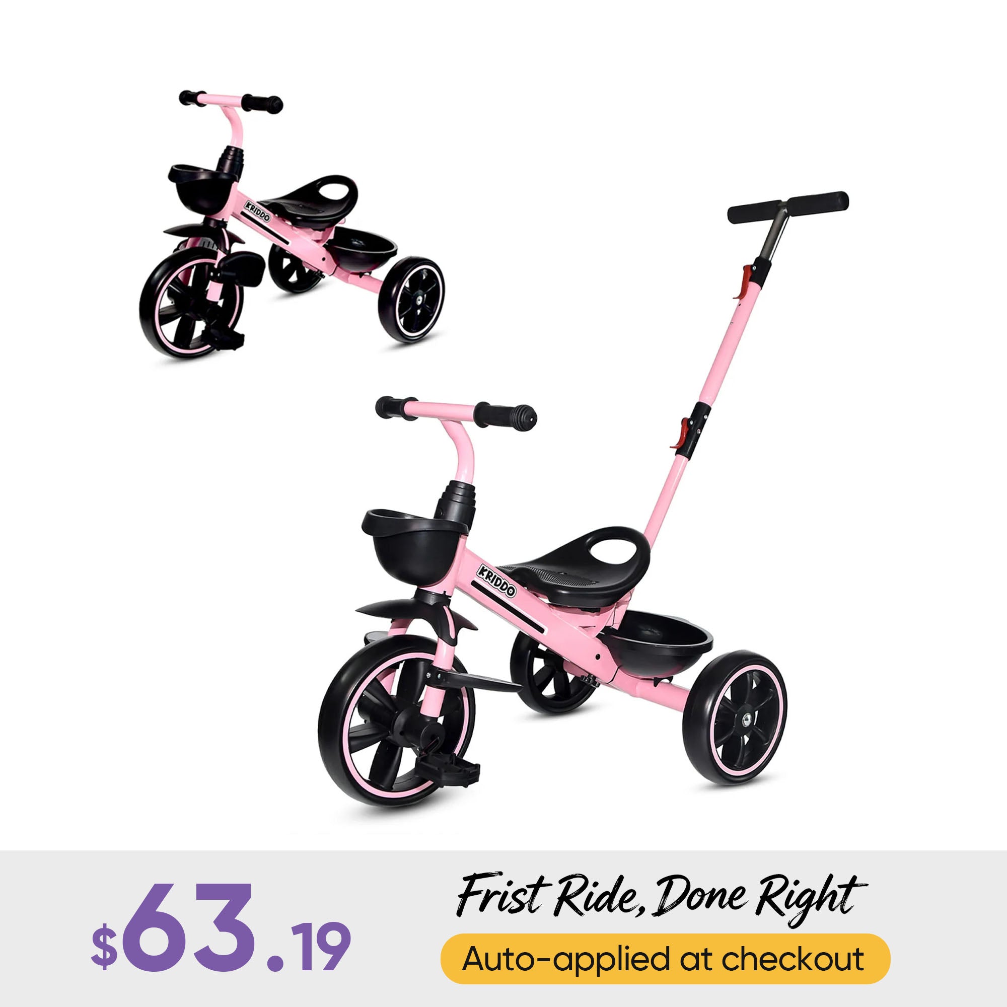 KRIDDO 2-in-1 Toddler Push Tricycle with Handle for 18 Months to 5 Years Old