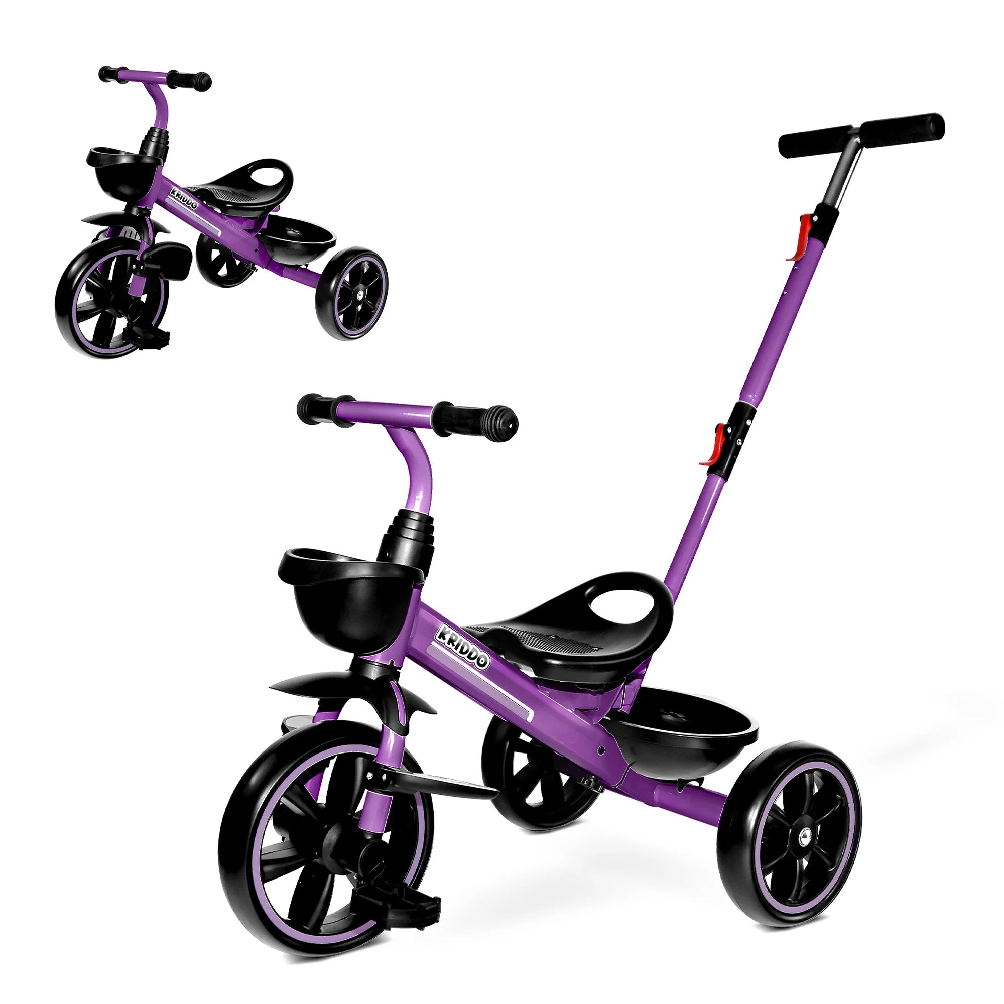 KRIDDO Kids Tricycle with Adjustable Parent Handle for 2 to 5 Years Old Purple 2-in-1