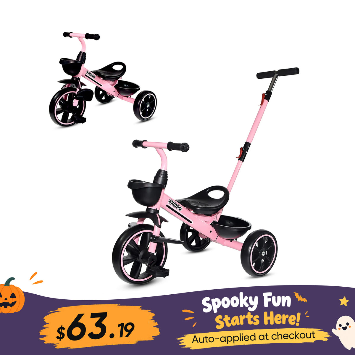 KRIDDO 2-in-1 Toddler Push Tricycle with Handle for 18 Months to 5 Years Old