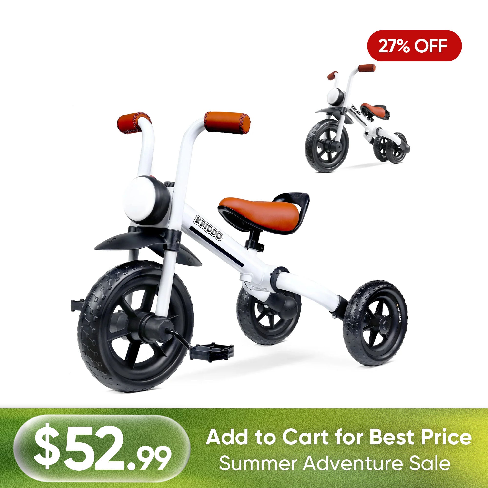 KRIDDO 2-in-1 Foldable Tricycle For Toddlers with Headlight For 2 to 5 Year Old White