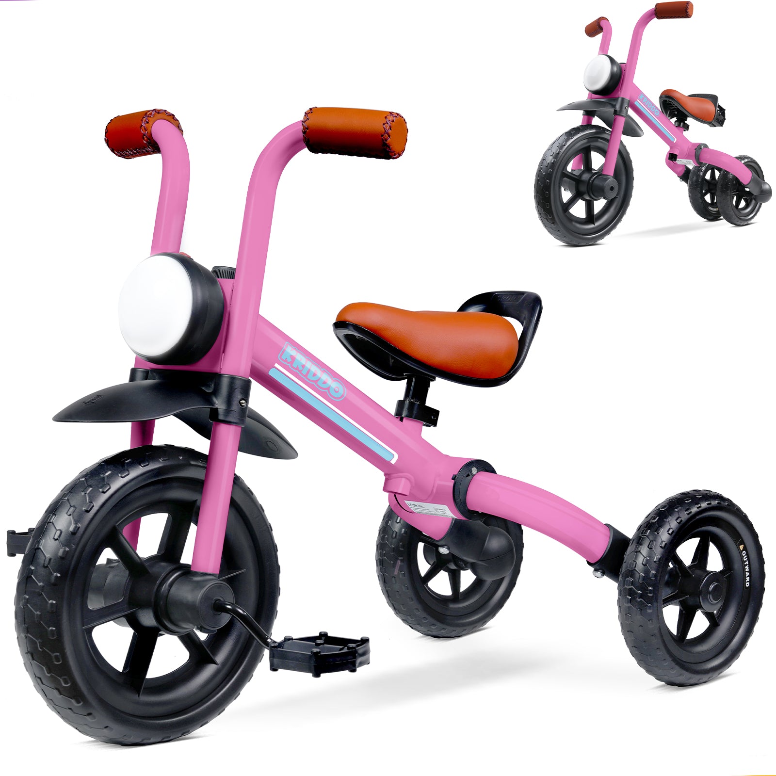 Kriddo Kids Foldable Tricycle with Headlight for 2 to 5 Years Old Pink