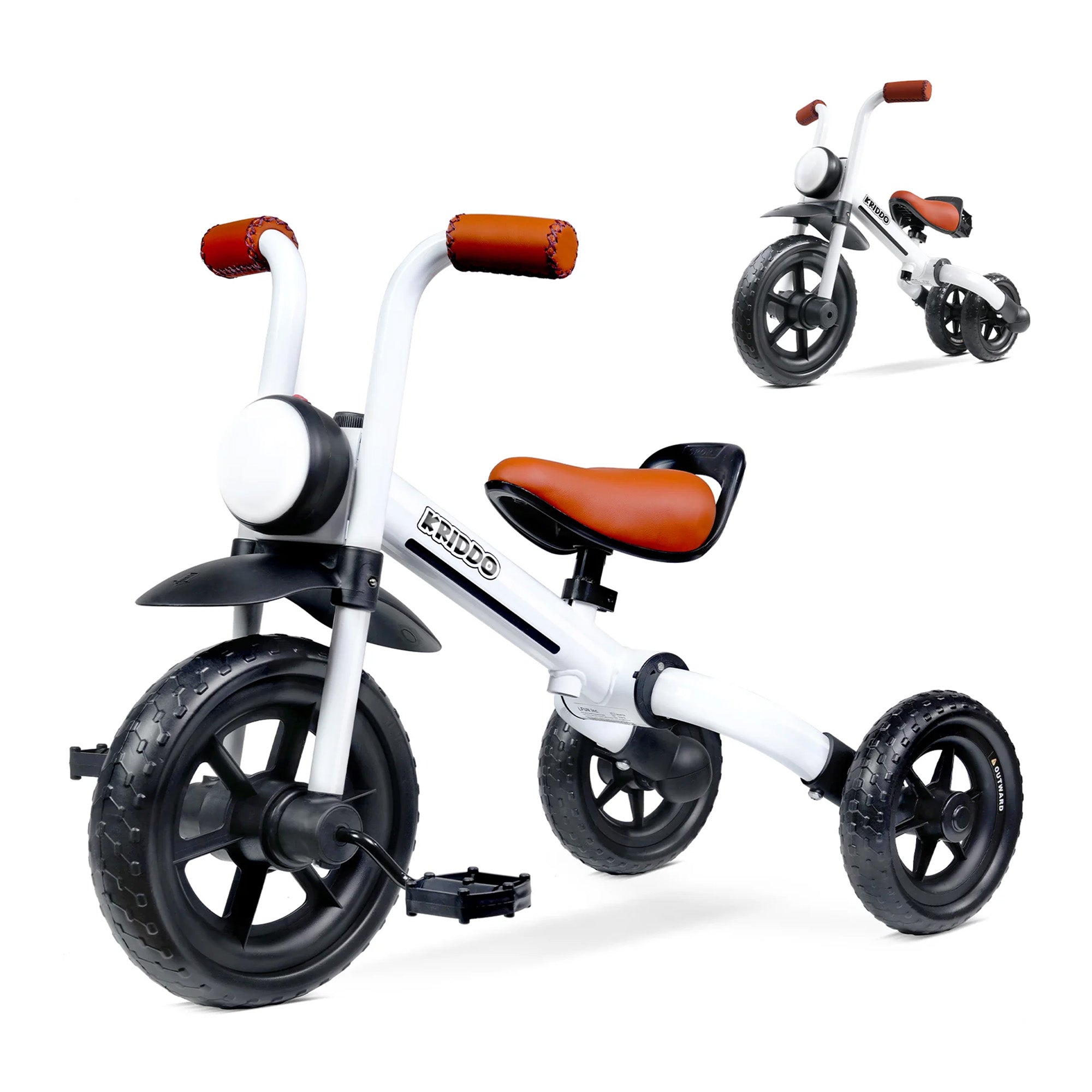 KRIDDO Kids Foldable Tricycle with Headlight for 2 to 5 Years Old White