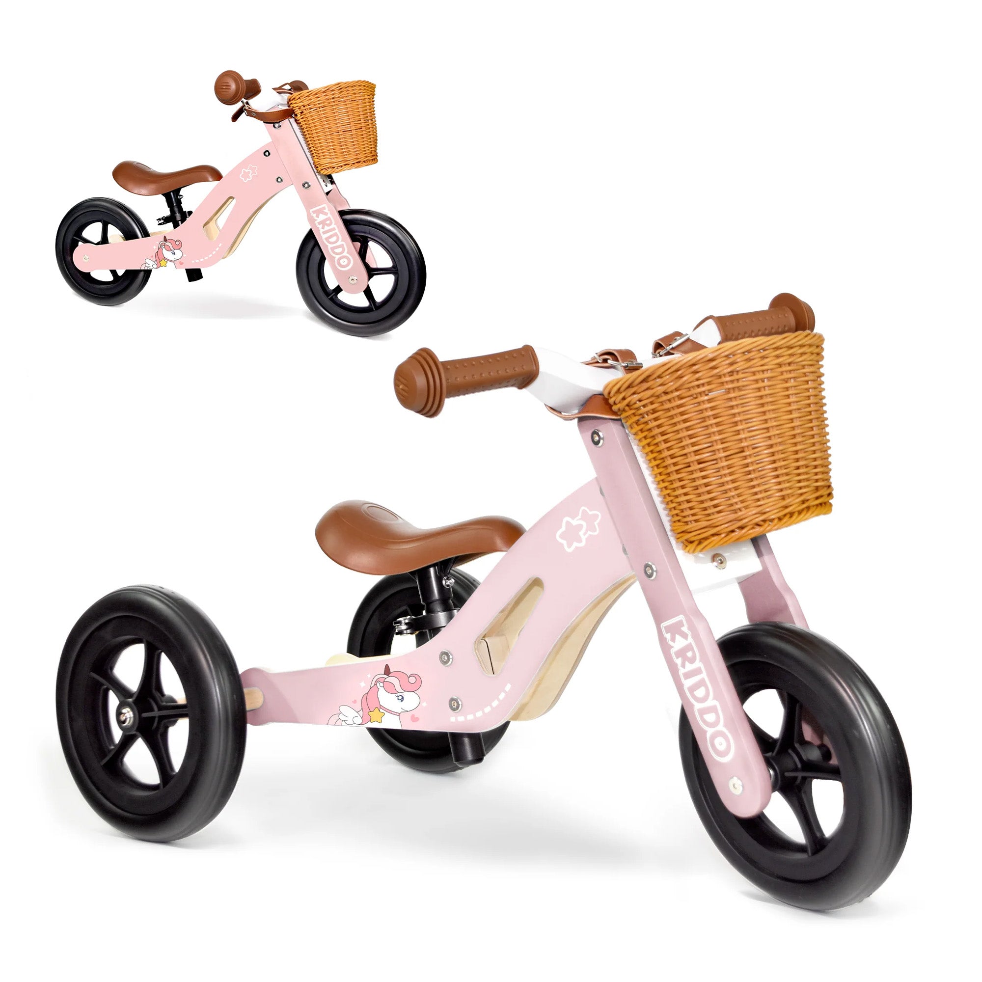 KRIDDO Kids Tricycle with Wood Frame and Adjustable Seat for 1 to 4 Years Old Pink