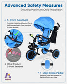 Kriddo Kids Tricycle with bell and Adjustable Seat for 18 Months to 5 Years Old Blue 8-in-1