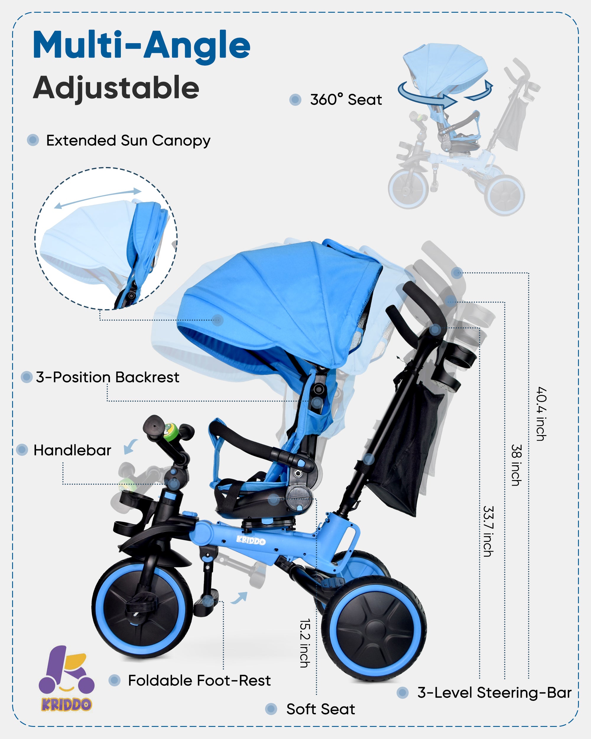 Kriddo Kids Tricycle with bell and Adjustable Seat for 18 Months to 5 Years Old Blue 8-in-1