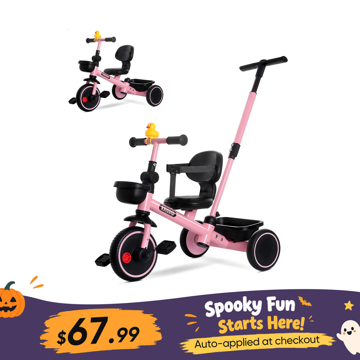 KRIDDO 2-in-1 Kids Tricycle with Steering Push Handle for Ages 18 Months to 5 Years Pink