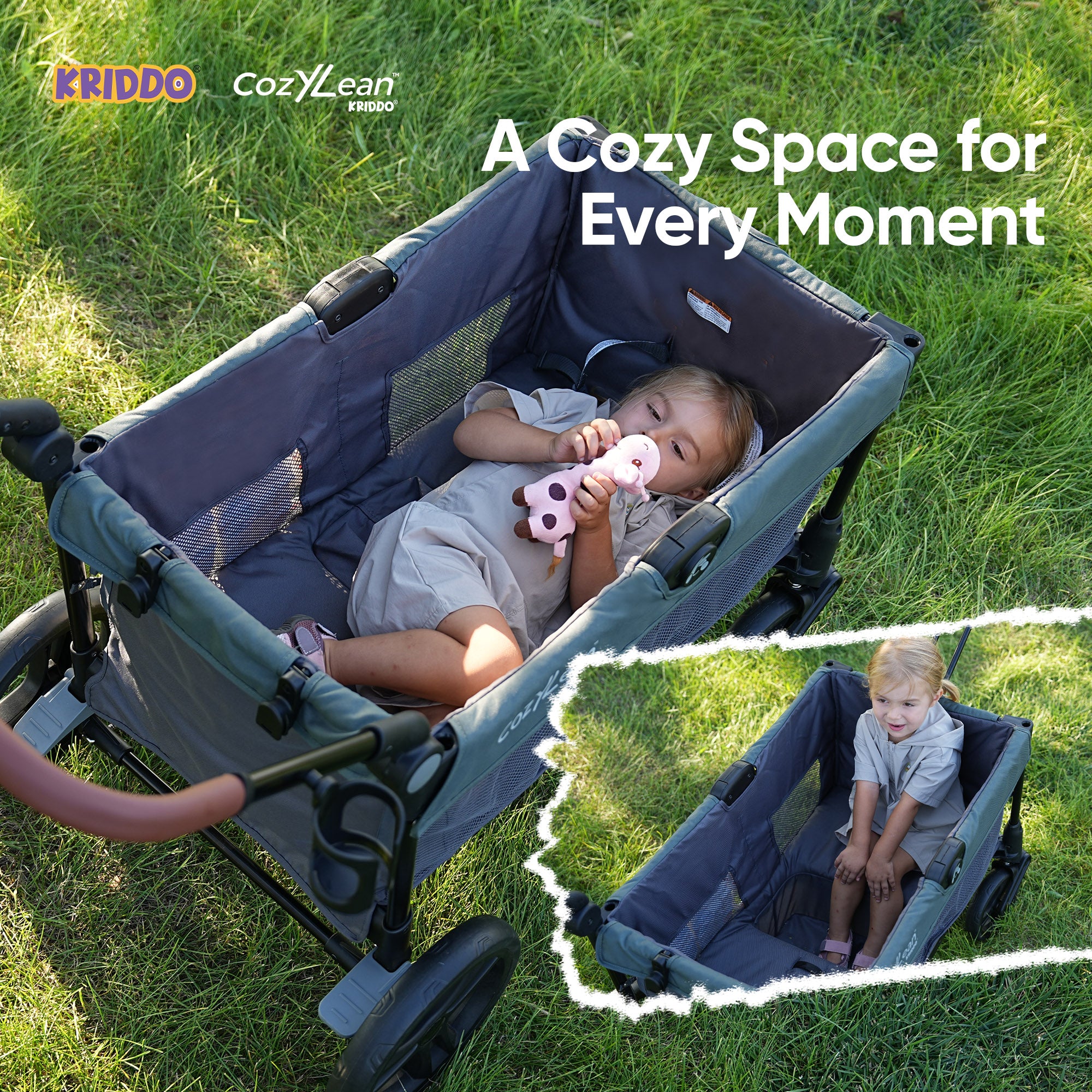KRIDDO CozyLean stroller wagon shown outdoors on grass with a child lying inside
