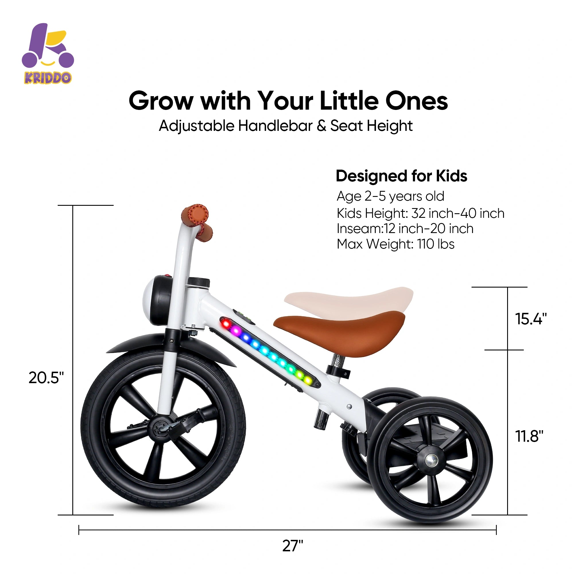 KRIDDO light up trike with adjustable handlebar and seat height
