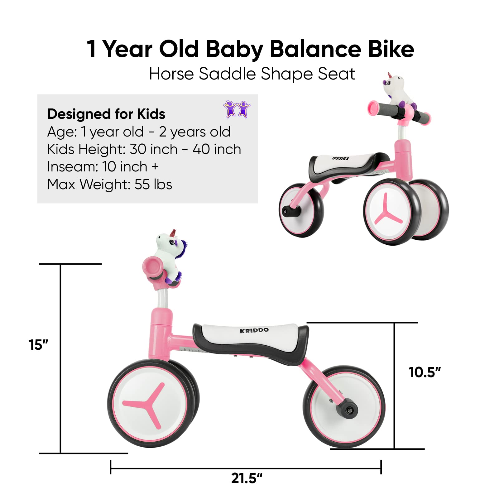 KRIDDO Baby Balance Bike for 1-2 Year Old Boy and Girl, Toddler Mini Bike for One Year Old First Birthday Gifts Baby Toys 12 Months to 2 Year Old Ride-on Toys Gifts Indoor Outdoor Balance Bike, Unicorn