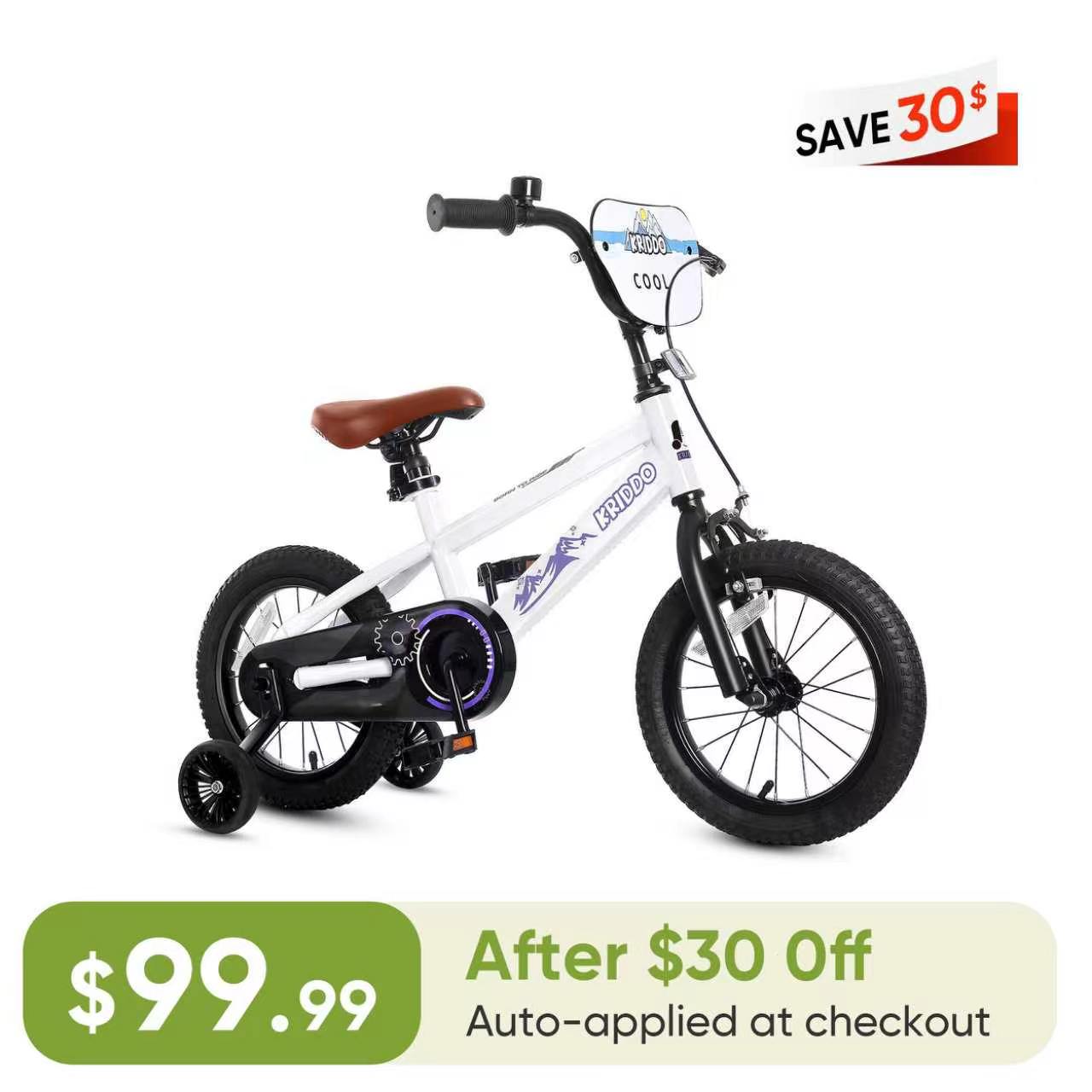 KRIDDO 14 Inch Bike with Training Wheels for 3 to 6 Years Old White
