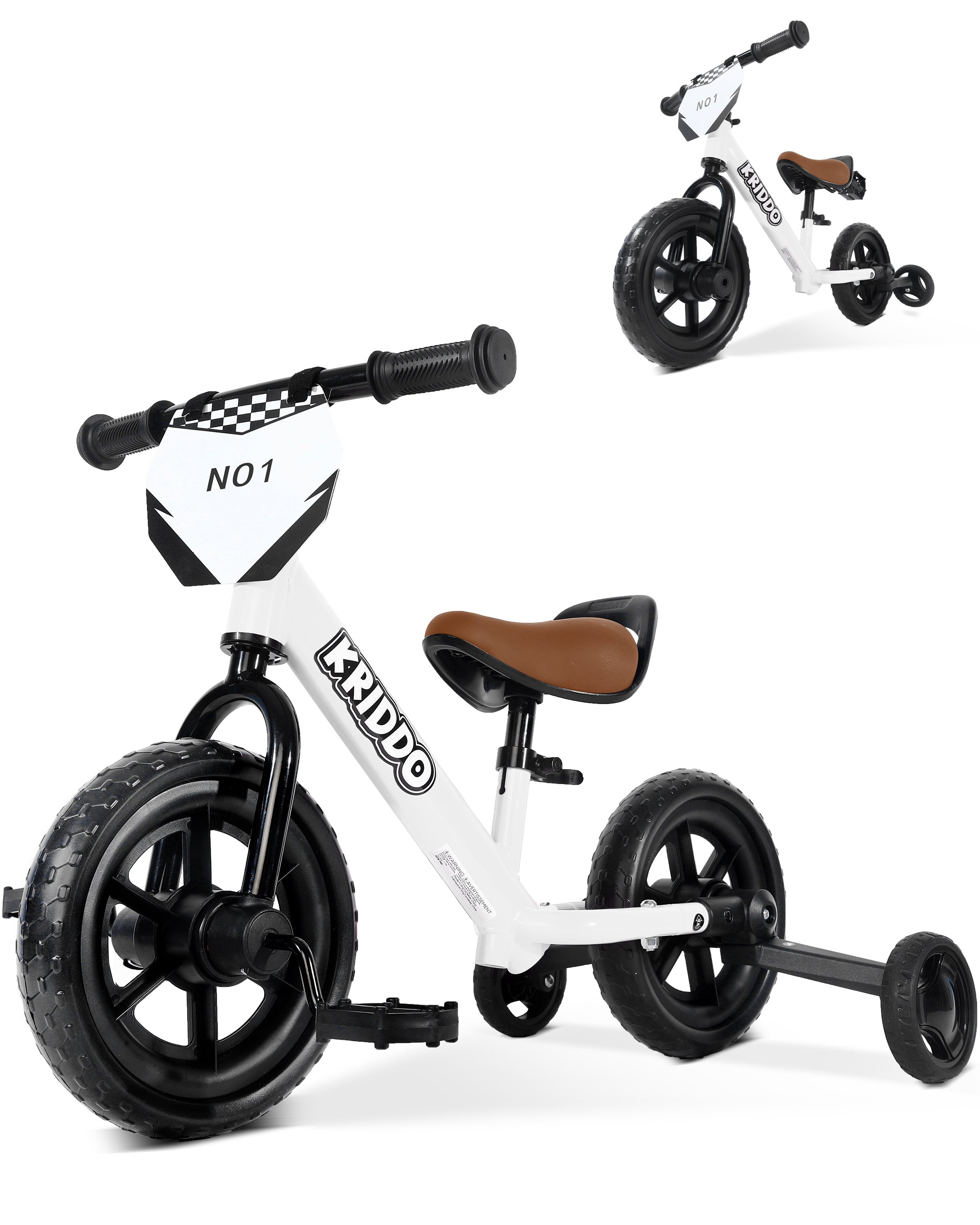 Kriddo Toddler Balance Bike with Removable Training Wheels for 18 Months to 5 Years Old White