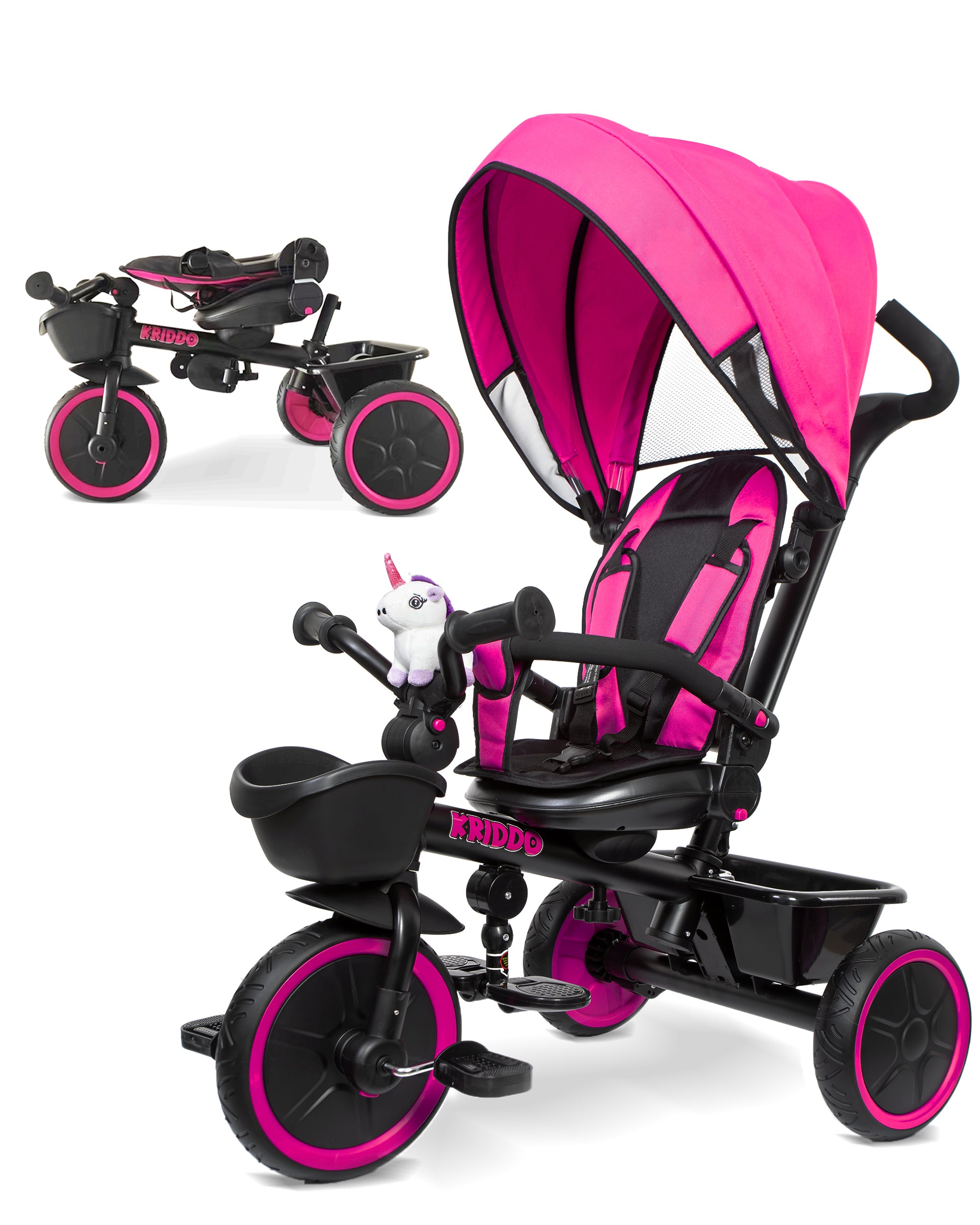 Kriddo Kids Tricycle with Adjustable Seat for 18 Months to 5 Years Old Pink 7-in-1