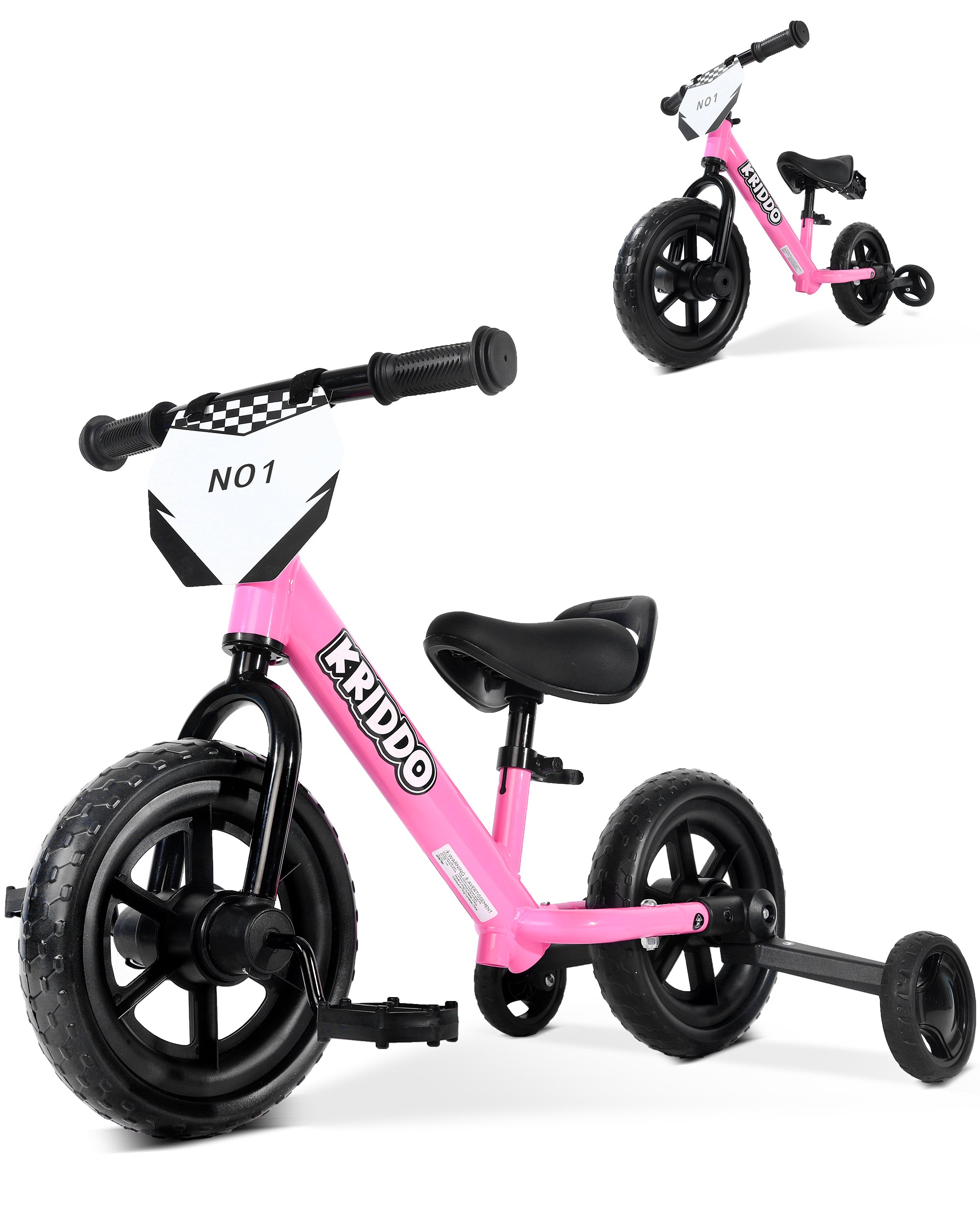 Kriddo Toddler Balance Bike with Removable Training Wheels for 18 Months to 5 Years Old Pink