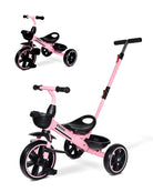 Kriddo Kids Tricycle with Adjustable Parent Handle for 2 to 5 Years Old Pink 2-in-1 