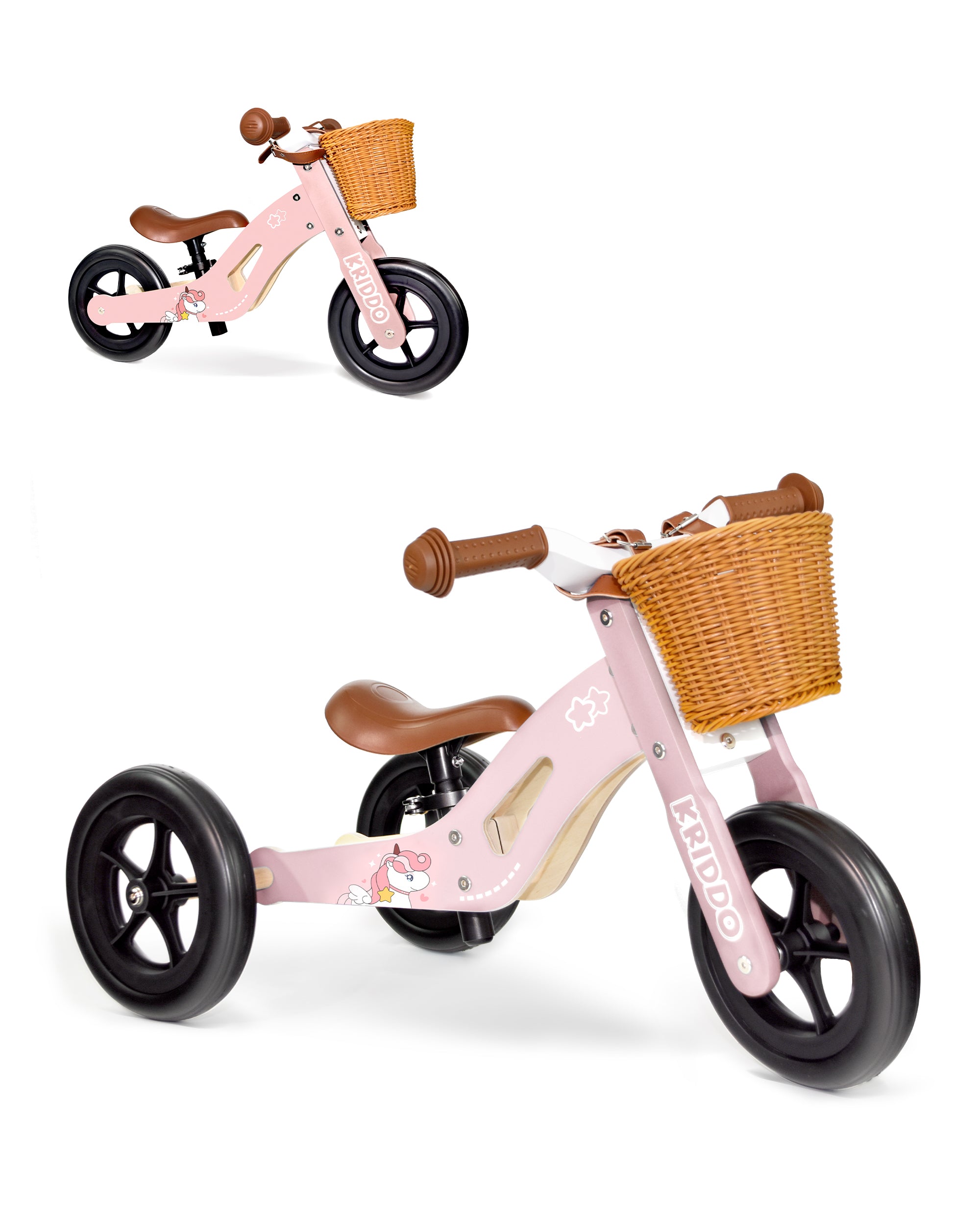 Kriddo Kids Tricycle with Wood Frame and Adjustable Seat for 1 to 4 Years Old Pink