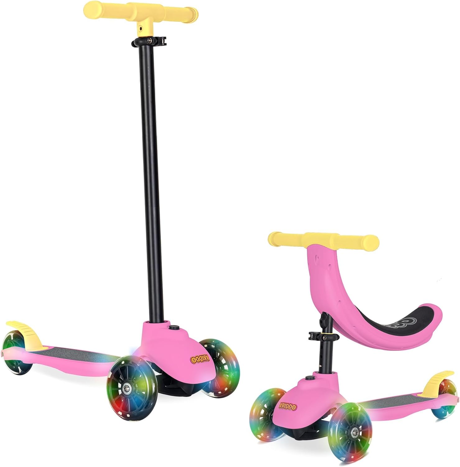 KRIDDO Kids Scooters with Removable Seat for 1 to 5 Years Old Pink 3-in-1