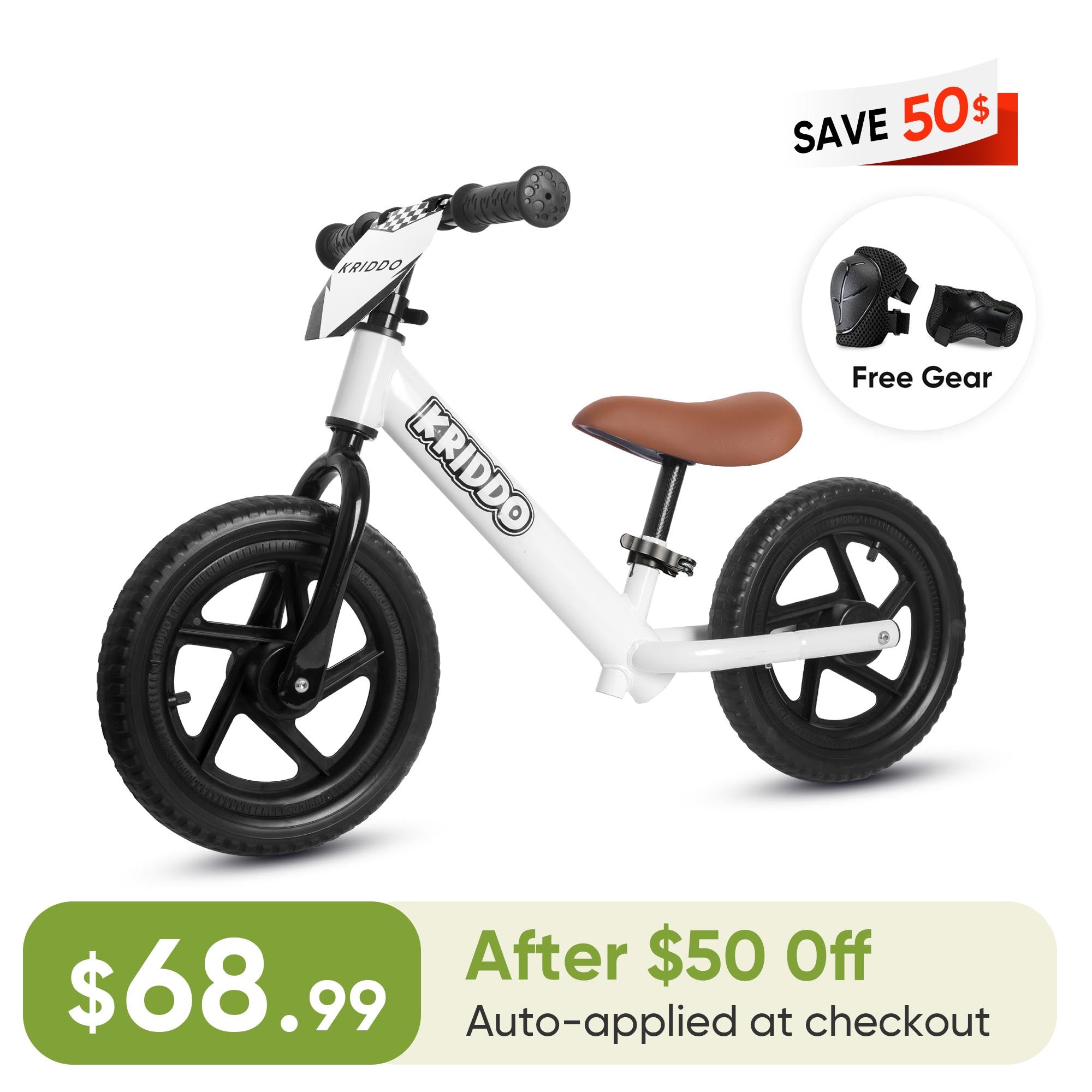 KRIDDO 12 Inch Toddler Balance Bike with Custom Name Plate for Ages 2–5 White, Includes Free Protective Gear Set