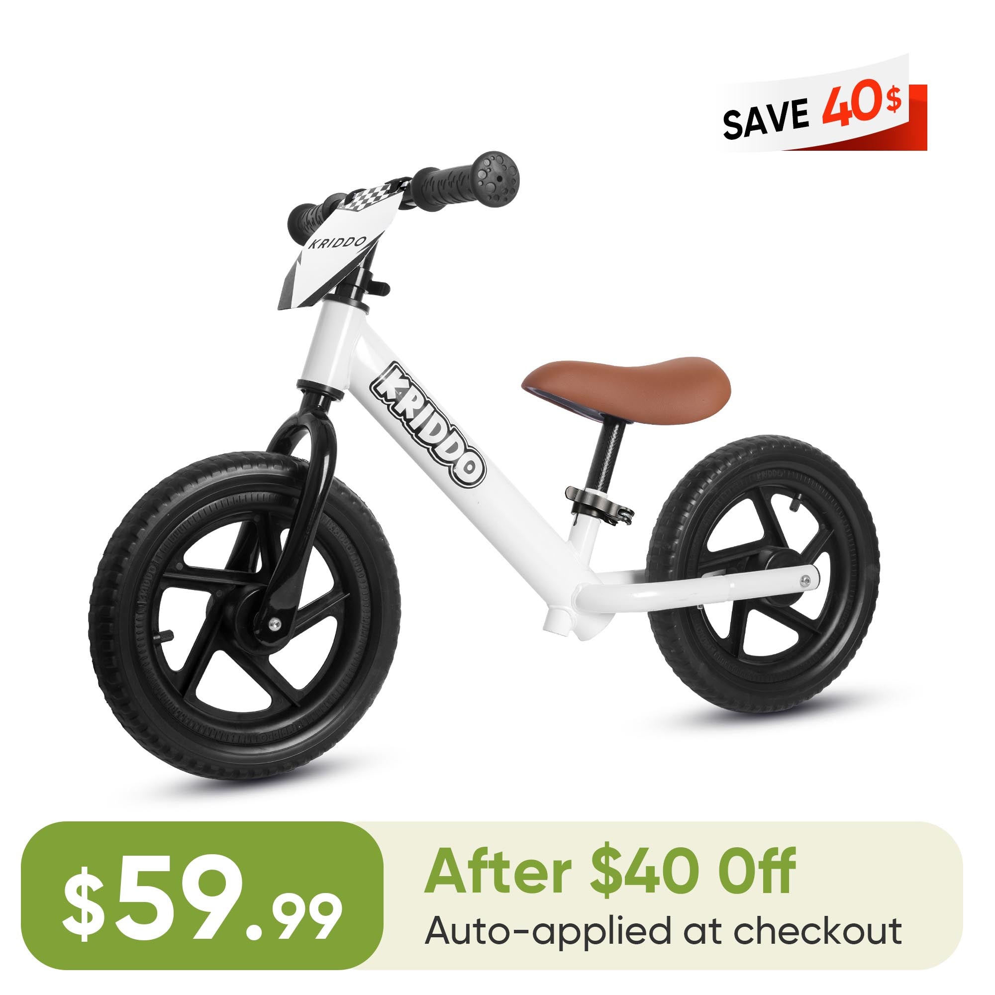 KRIDDO 12 Inch Toddler Balance Bike with Custom Name Plate for Ages 2–5 White