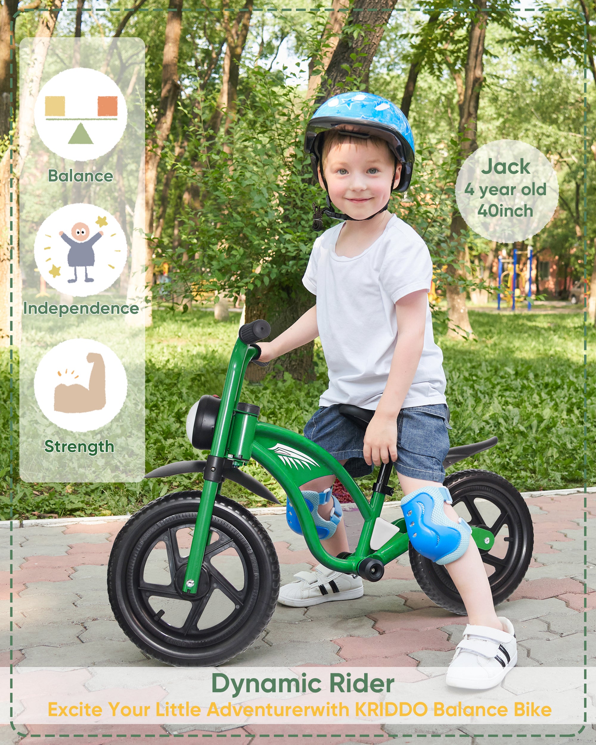 Kriddo Toddler Balance Bike with Headlight and Adjustable Seat for 2 to 5 Years Old Green