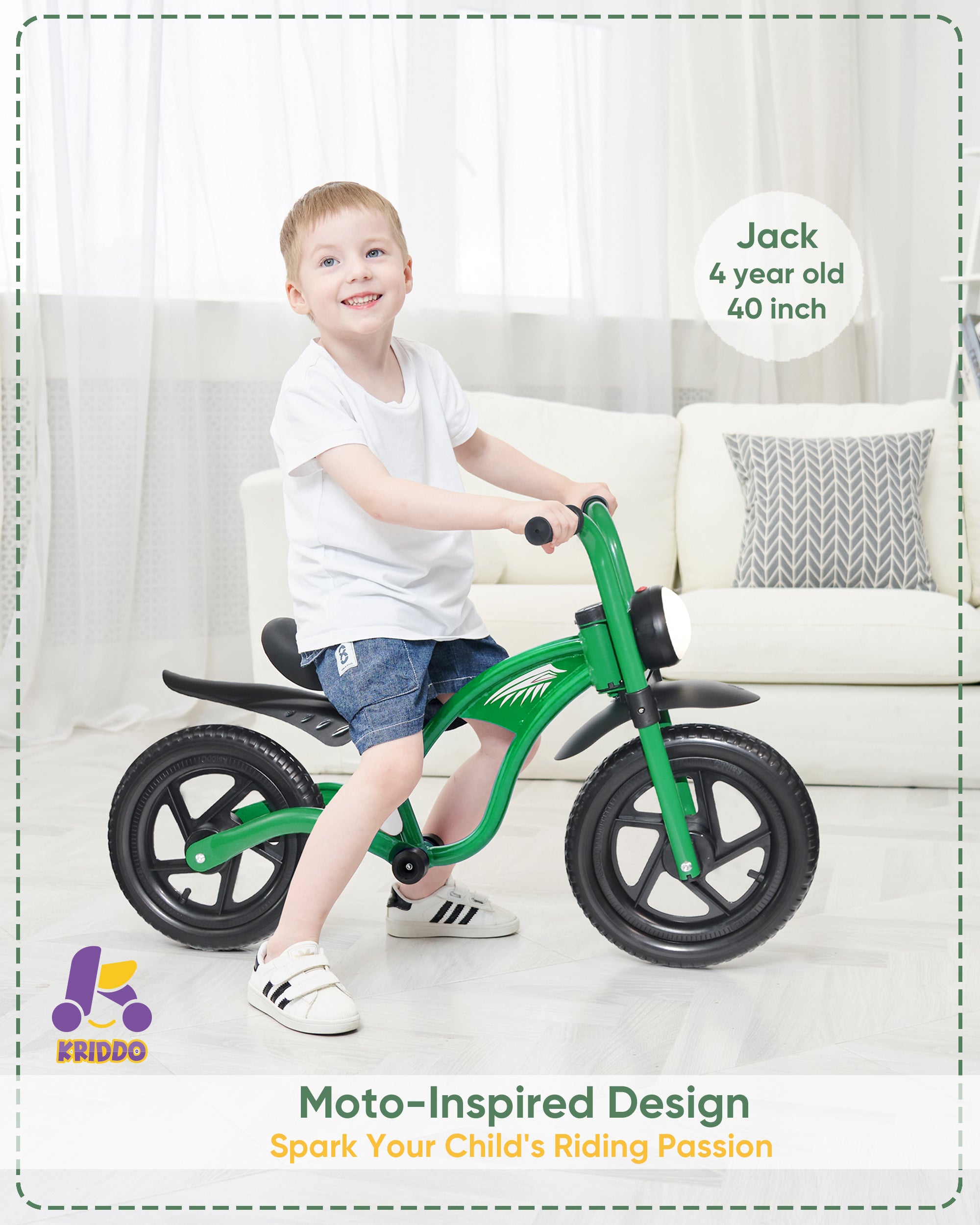 Kriddo Toddler Balance Bike with Headlight and Adjustable Seat for 2 to 5 Years Old Green