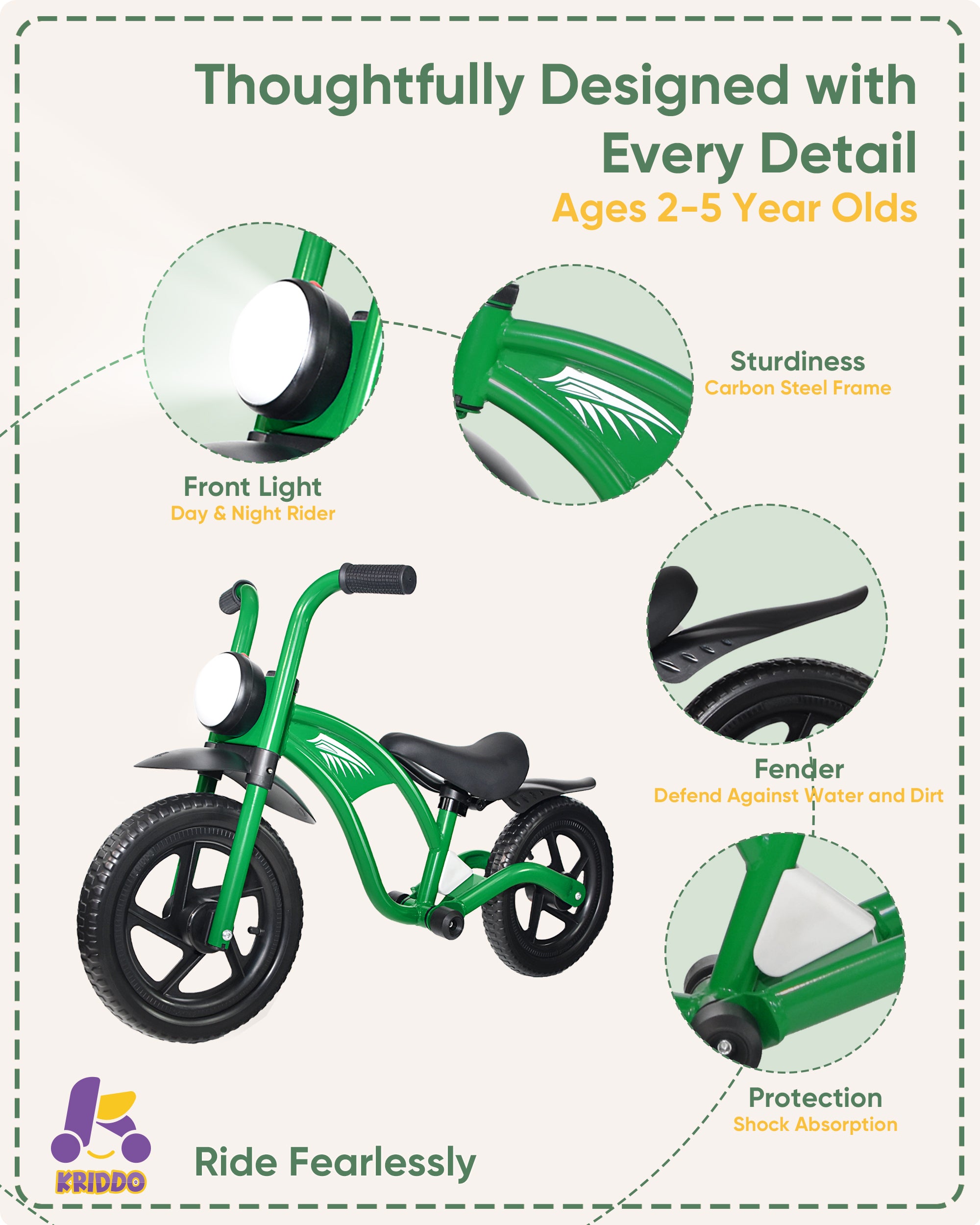 Kriddo Toddler Balance Bike with Headlight and Adjustable Seat for 2 to 5 Years Old Green