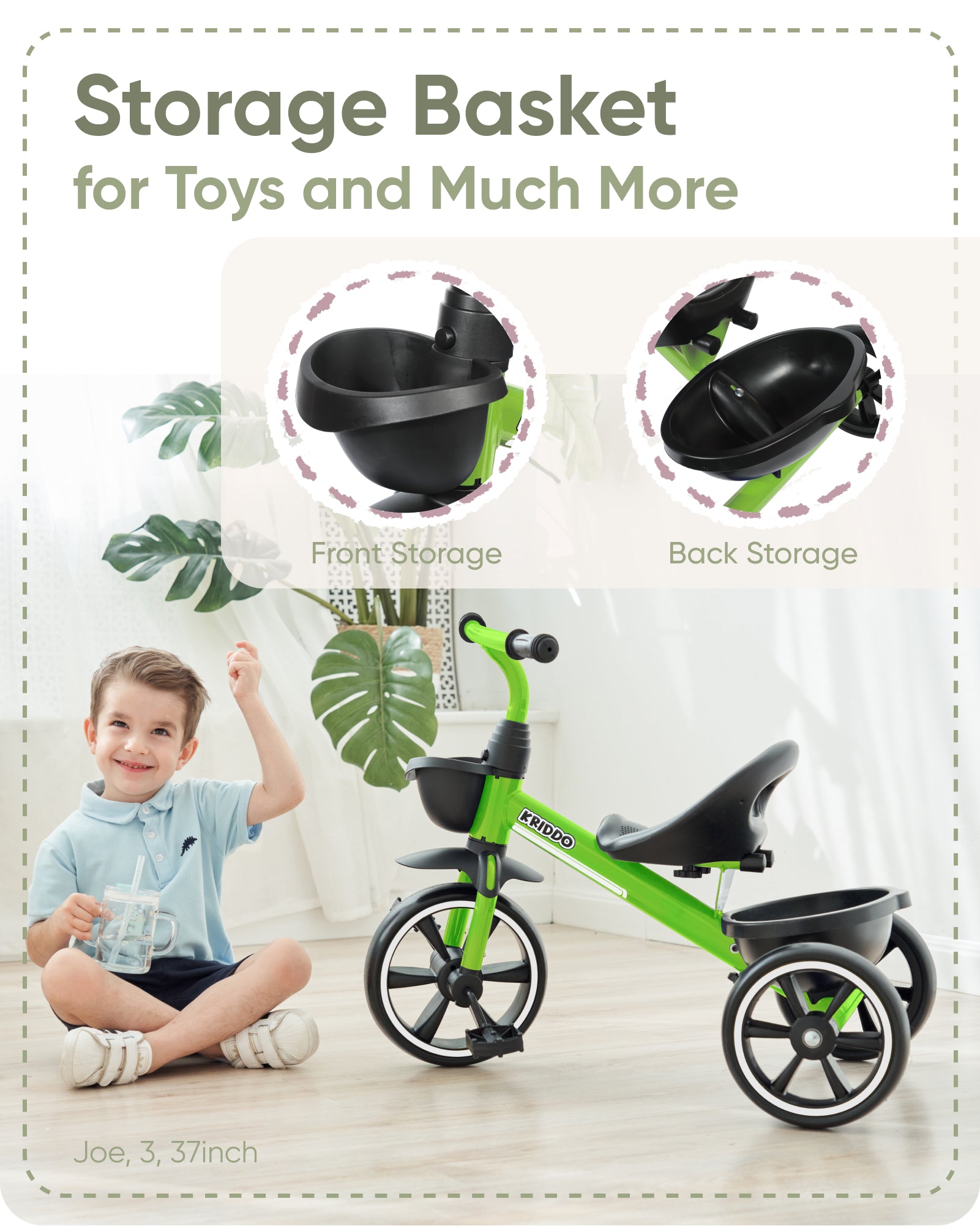 [LIMITED TIME SUPRISE] KRIDDO Kids Tricycles for 2- 5 Years, Storage Bin, Easy Assembly, RANDOM COLOR