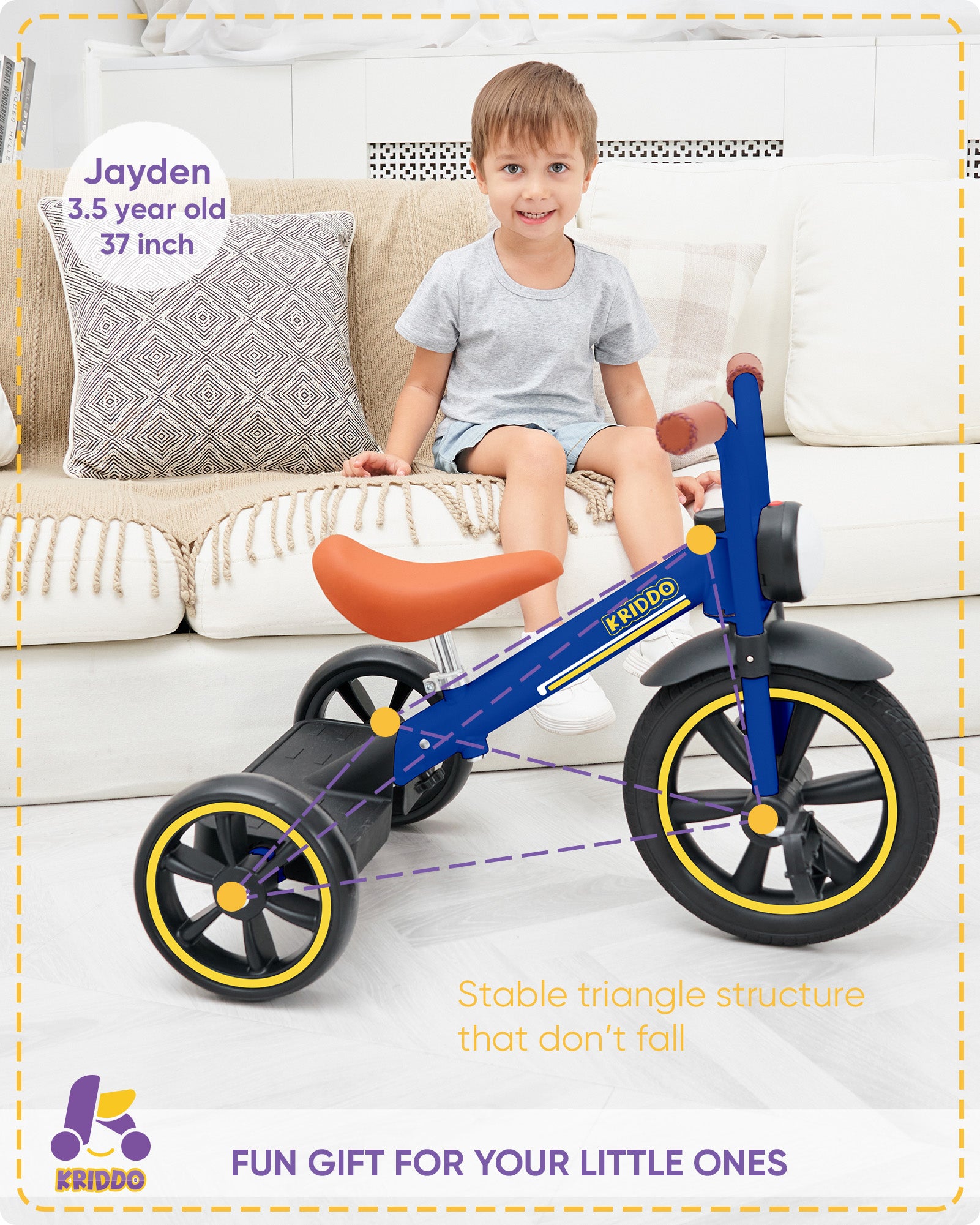 Kriddo Kids Tricycle with Headlight and Removable Pedals for 2 to 5 Years Old Blue