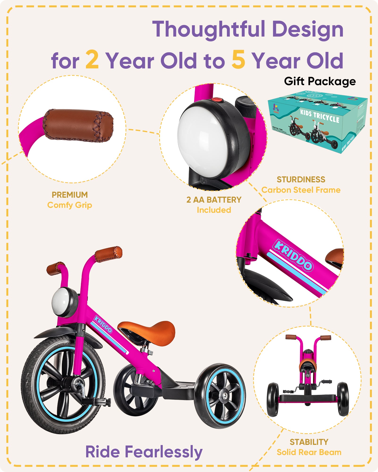 Kriddo Kids Tricycle with Headlight and Removable Pedals for 2 to 5 Years Old Pink