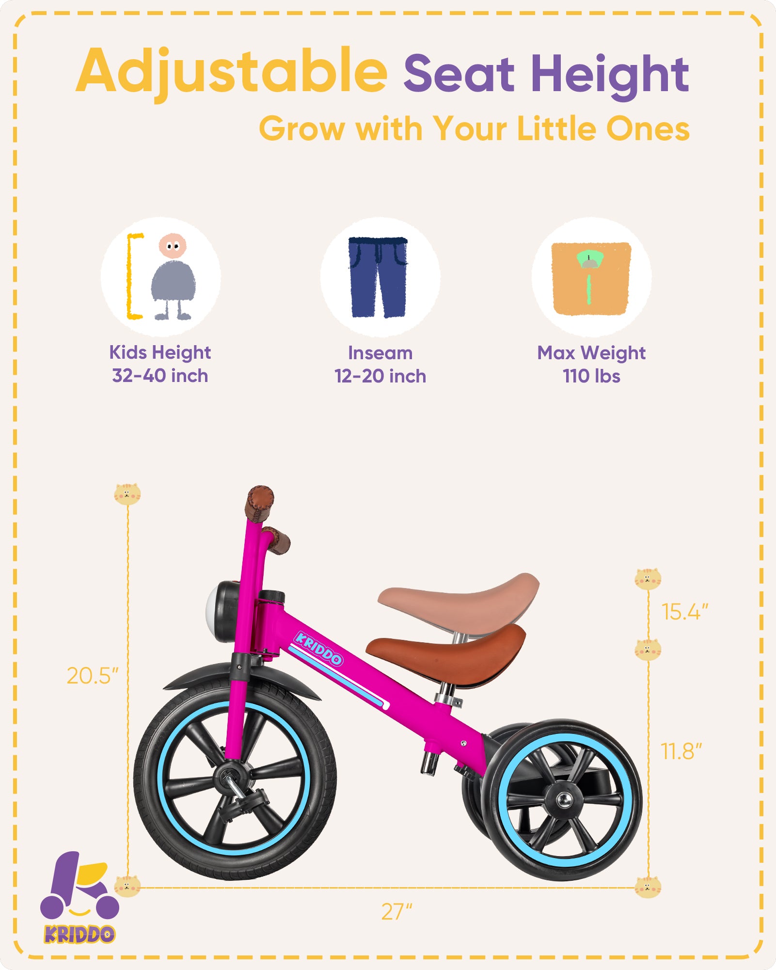 Kriddo Kids Tricycle with Headlight and Removable Pedals for 2 to 5 Years Old Pink