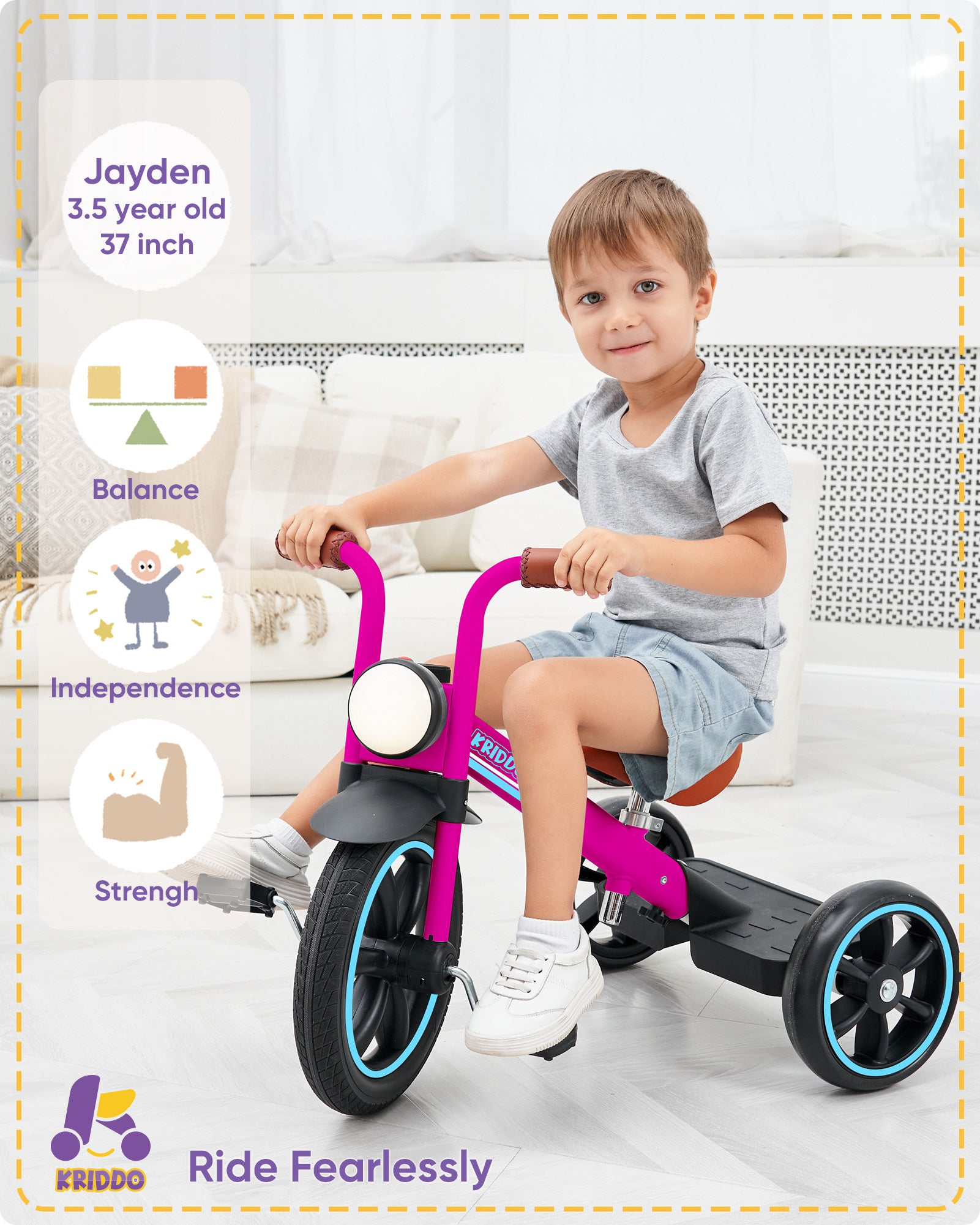 Kriddo Kids Tricycle with Headlight and Removable Pedals for 2 to 5 Years Old Pink