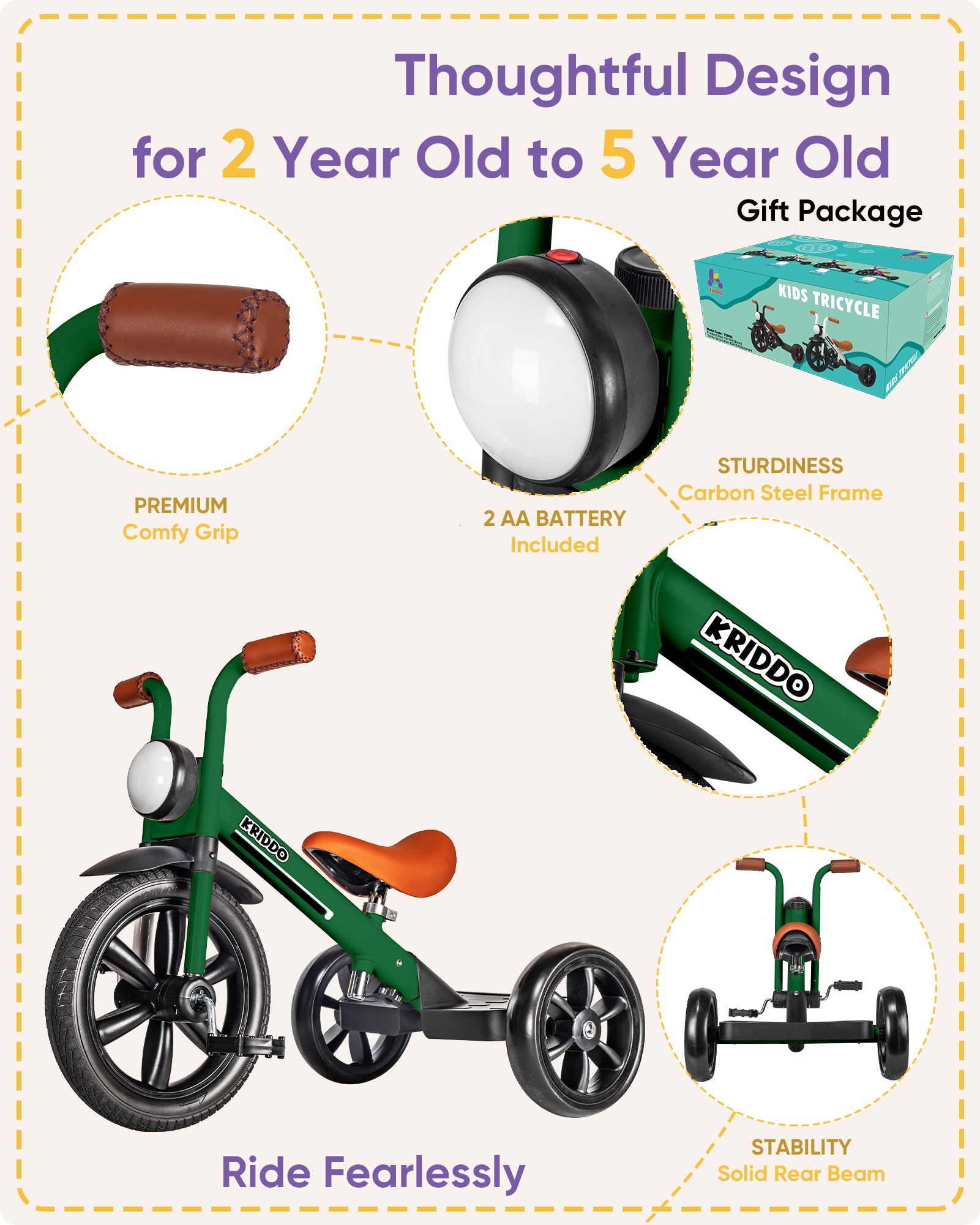 Kriddo Kids Tricycle with Headlight and Removable Pedals for 2 to 5 Years Old Green