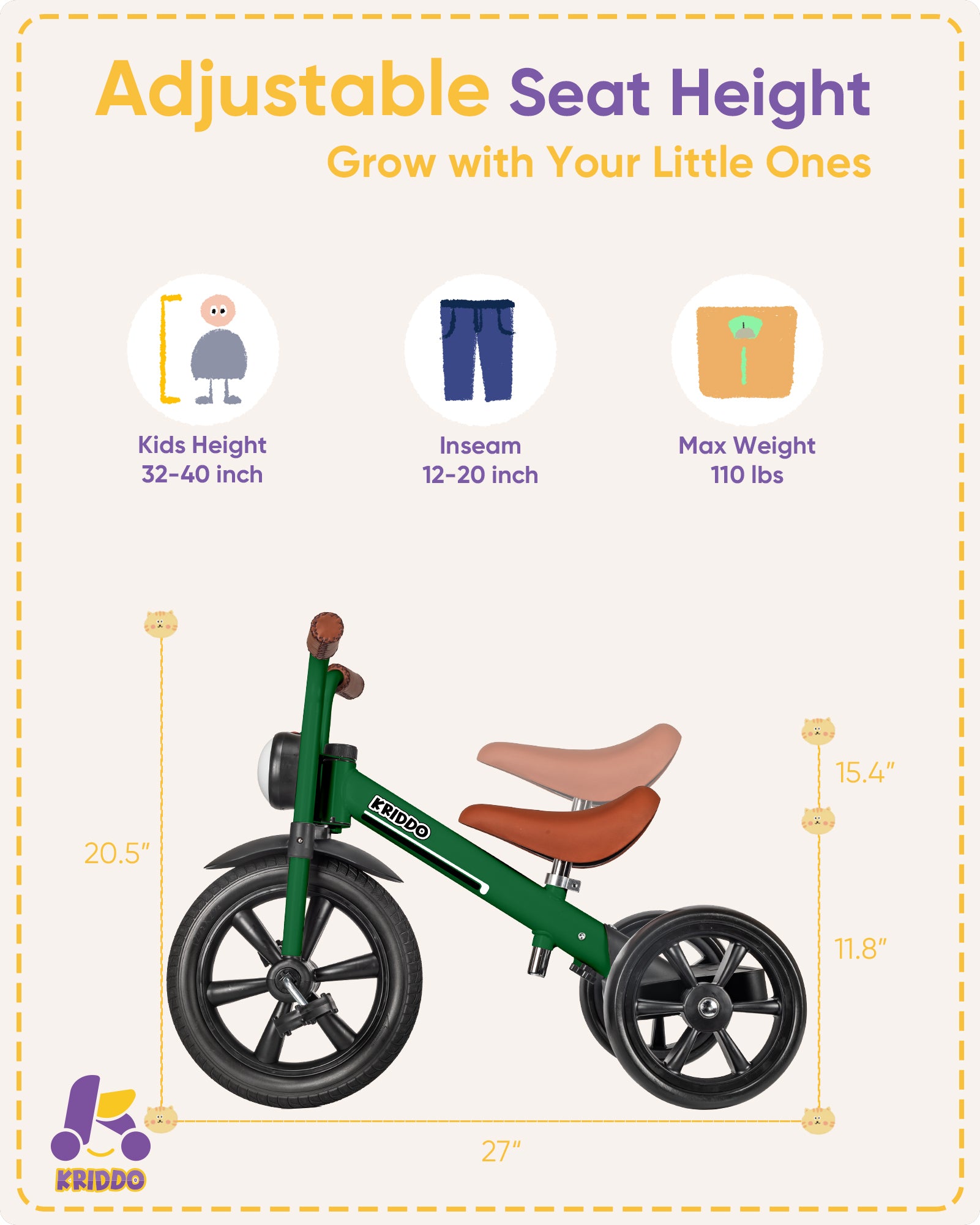 Kriddo Kids Tricycle with Headlight and Removable Pedals for 2 to 5 Years Old Green